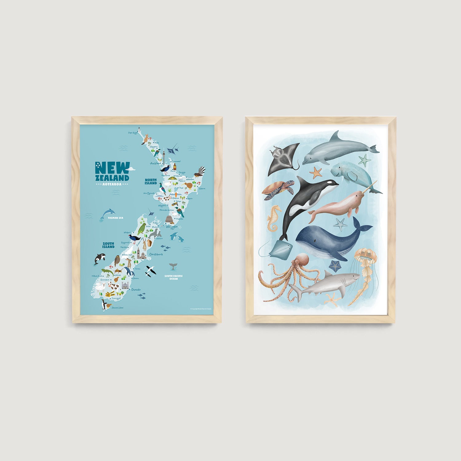 Sea Animals and New Zealand Animal Map Nursery Prints 2 Set