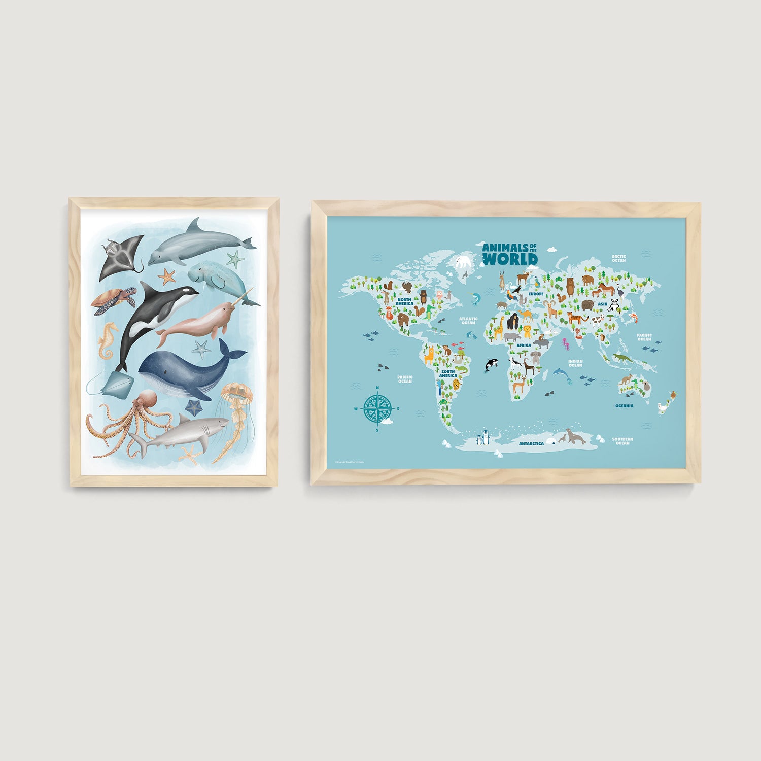 Two framed nursery and children's wall art prints of animal world map and sea animals on a light grey wall room decor - Bluish Nest Art Studio