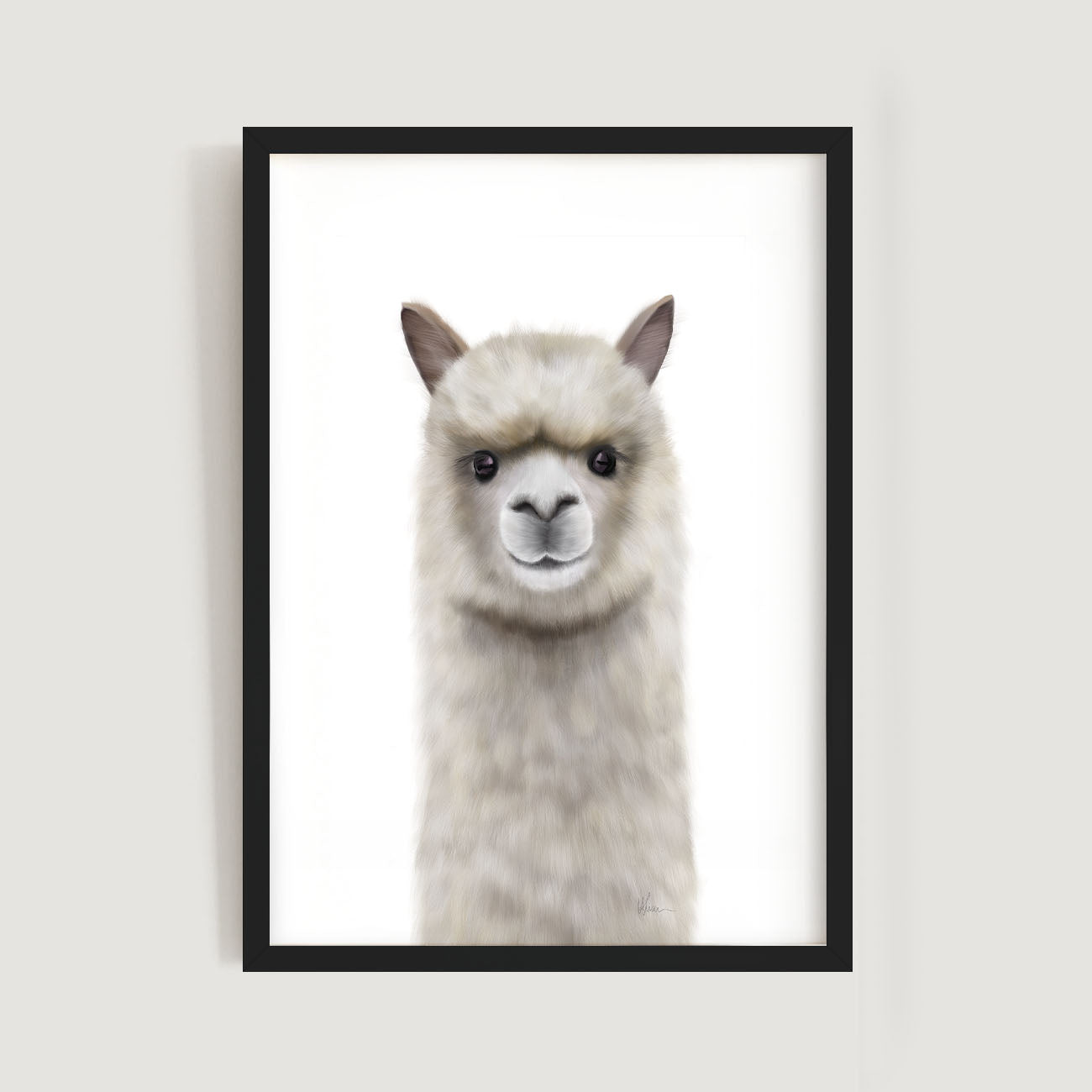 Framed baby and kids wall art print of a llama's face on a white background - Bluish Nest Art Studio