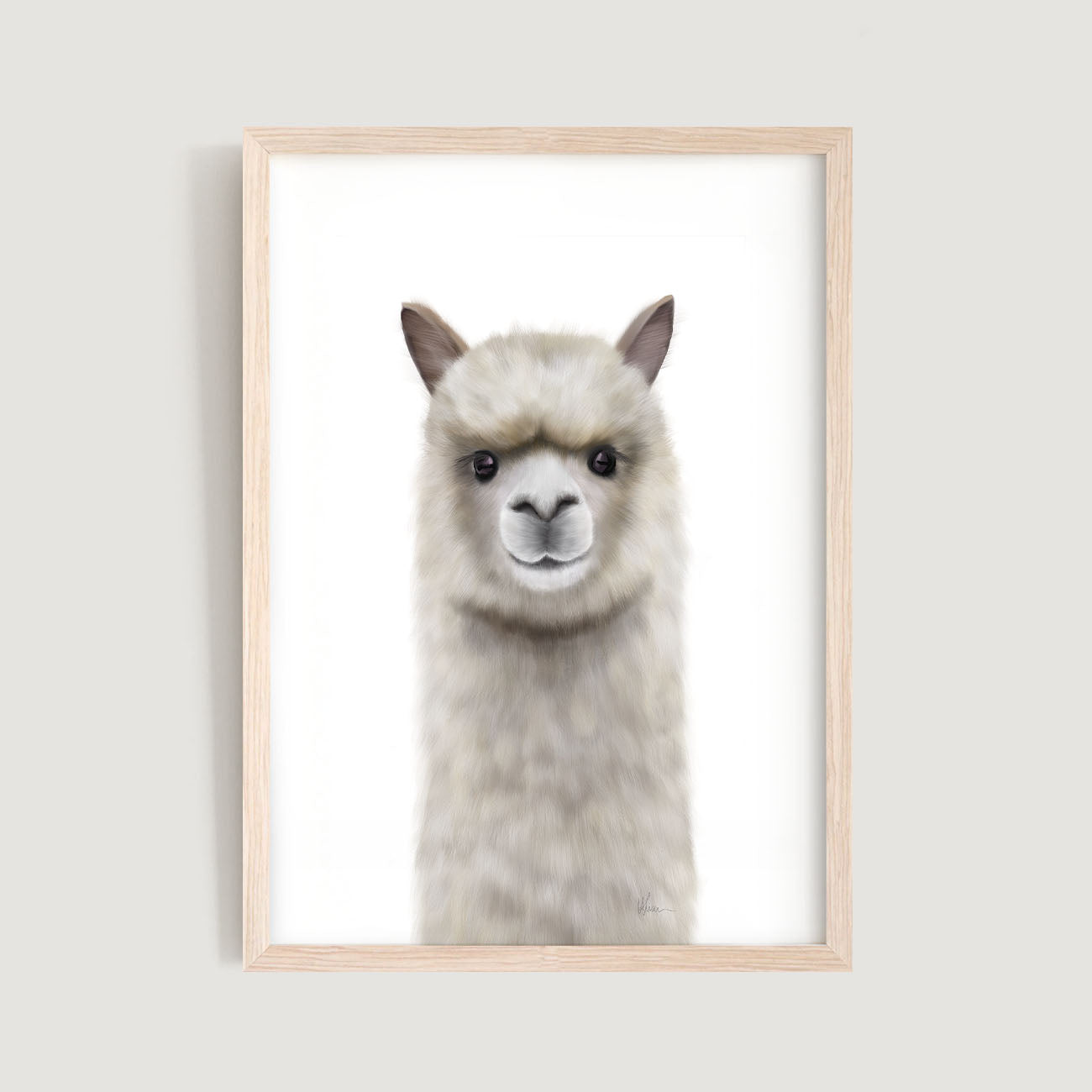 Framed baby and kids wall art print of a llama's face on a white background - Bluish Nest Art Studio