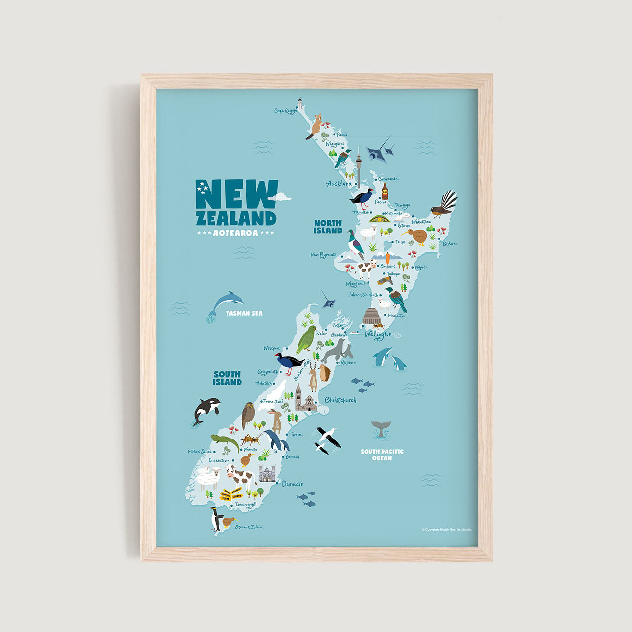 Map of New Zealand with icons and animals in a wooden frame on a light gray background - Bluish Nest Art Studio