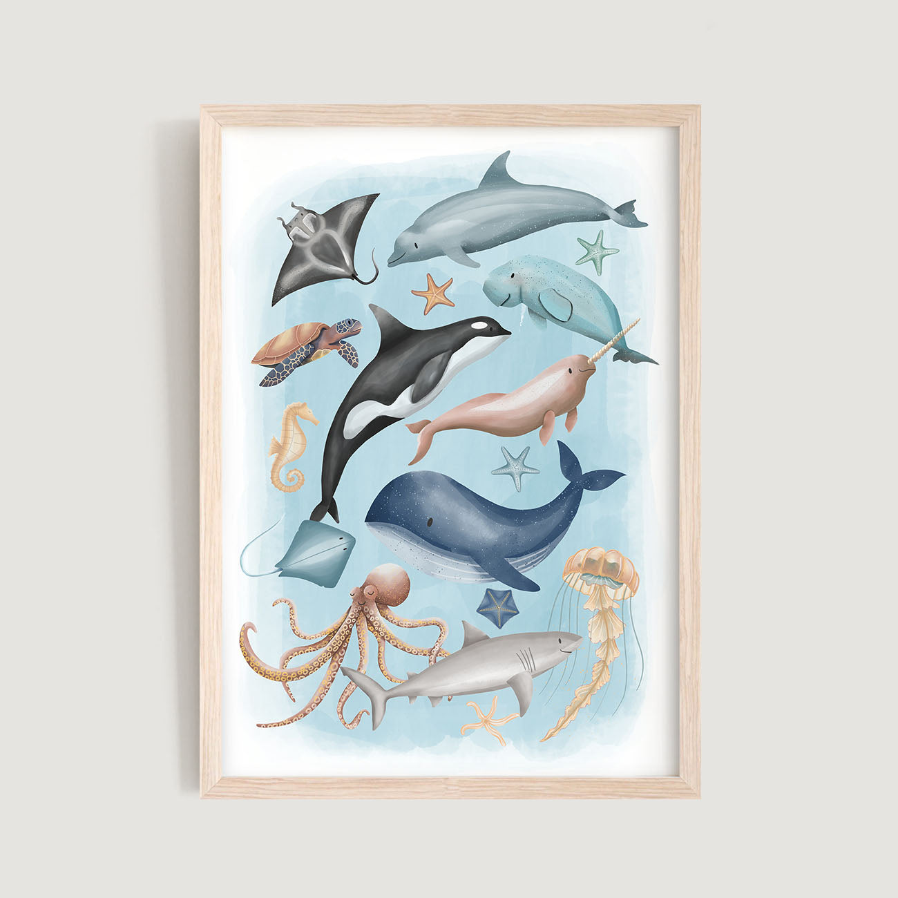 Framed kids and baby wall art print of various sea animals on a light blue background - Bluish Nest Art Studio