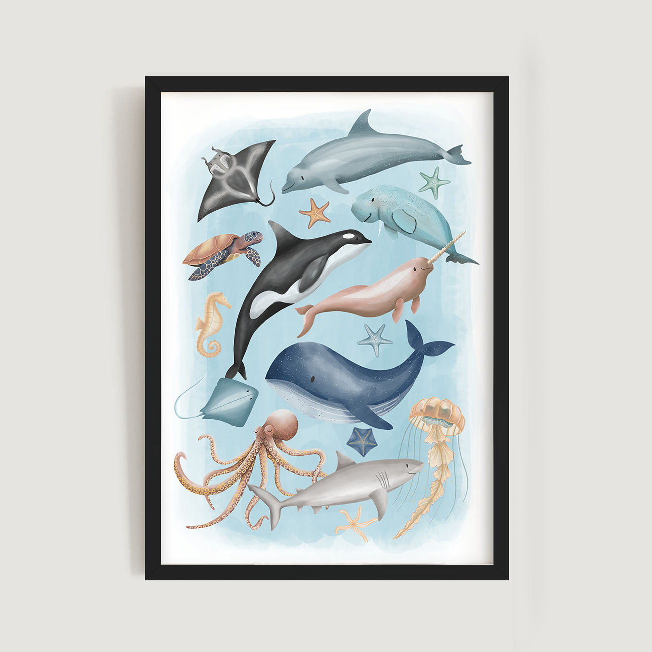 Framed nursery and kids wall art print of various sea animals on a light blue background - Bluish Nest Art Studio