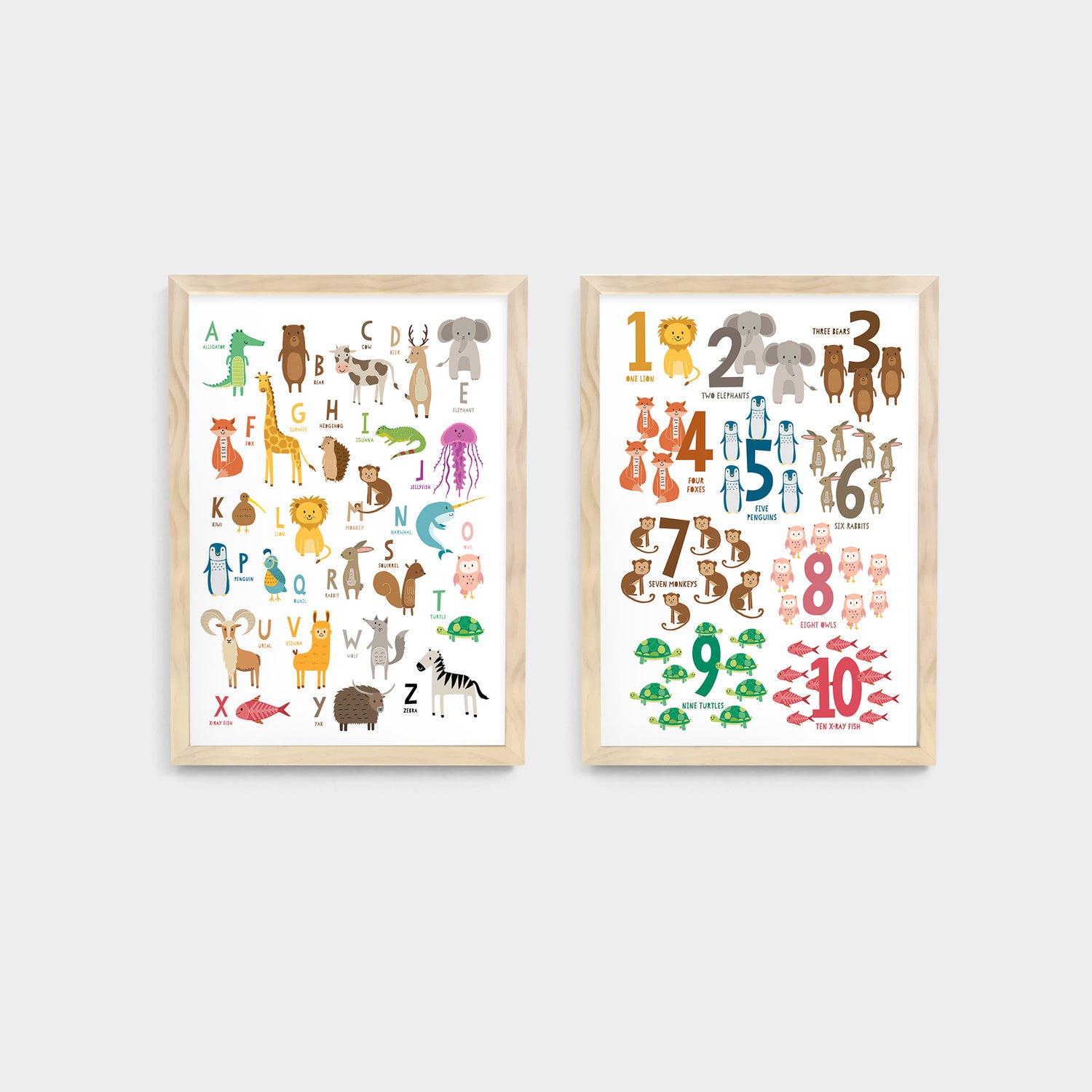 Two framed children and kids educational posters of alphabets and numbers with animals - Bluish Nest Art Studio
