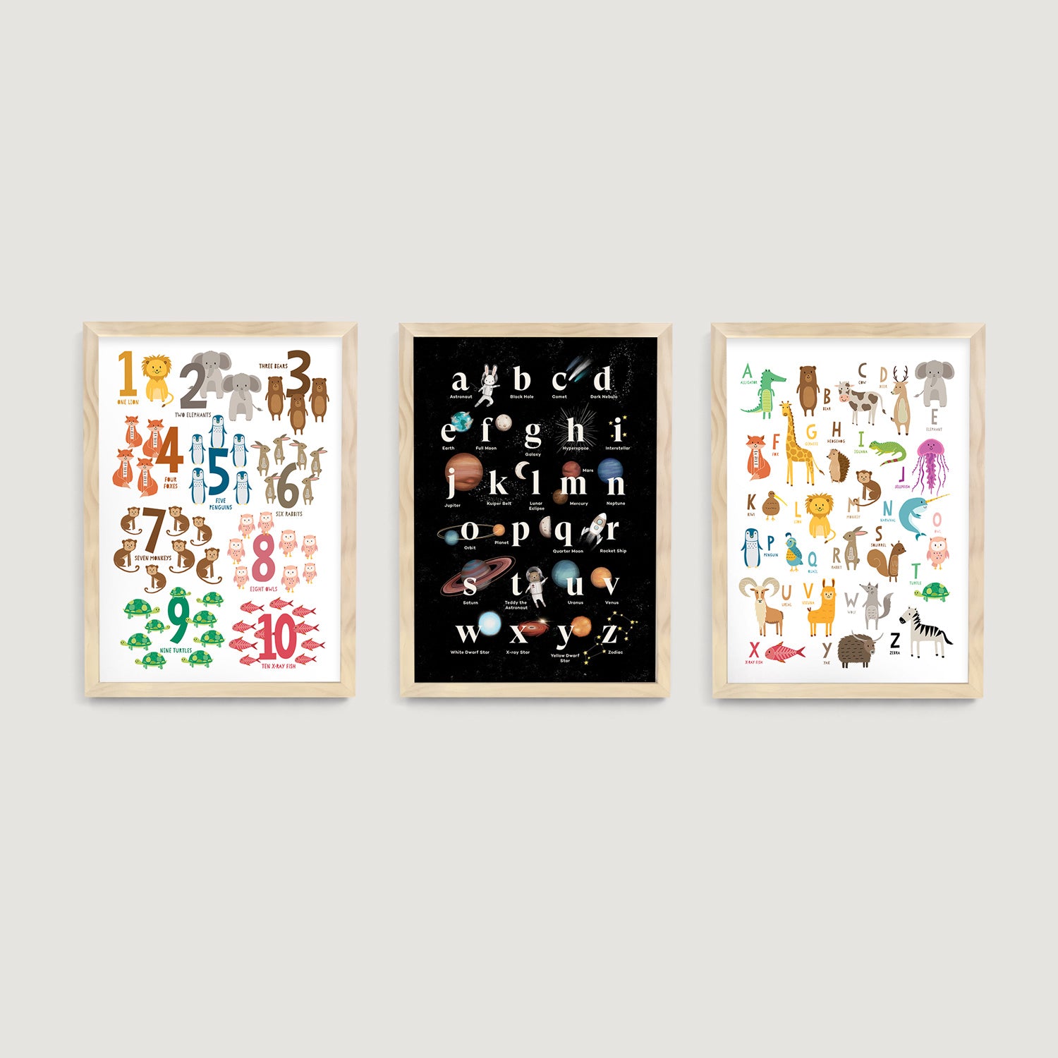 Three framed educational children, kids and nursery wall art prints on a light gray wall room decor - Bluish Nest Art Studio