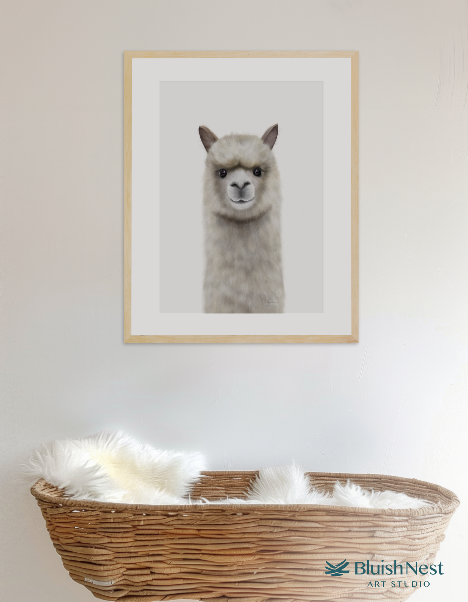 Framed kids and children's wall art print of a llama or alpaca on a wall above a wicker basket in the nursery room - Bluish Nest Art Studio