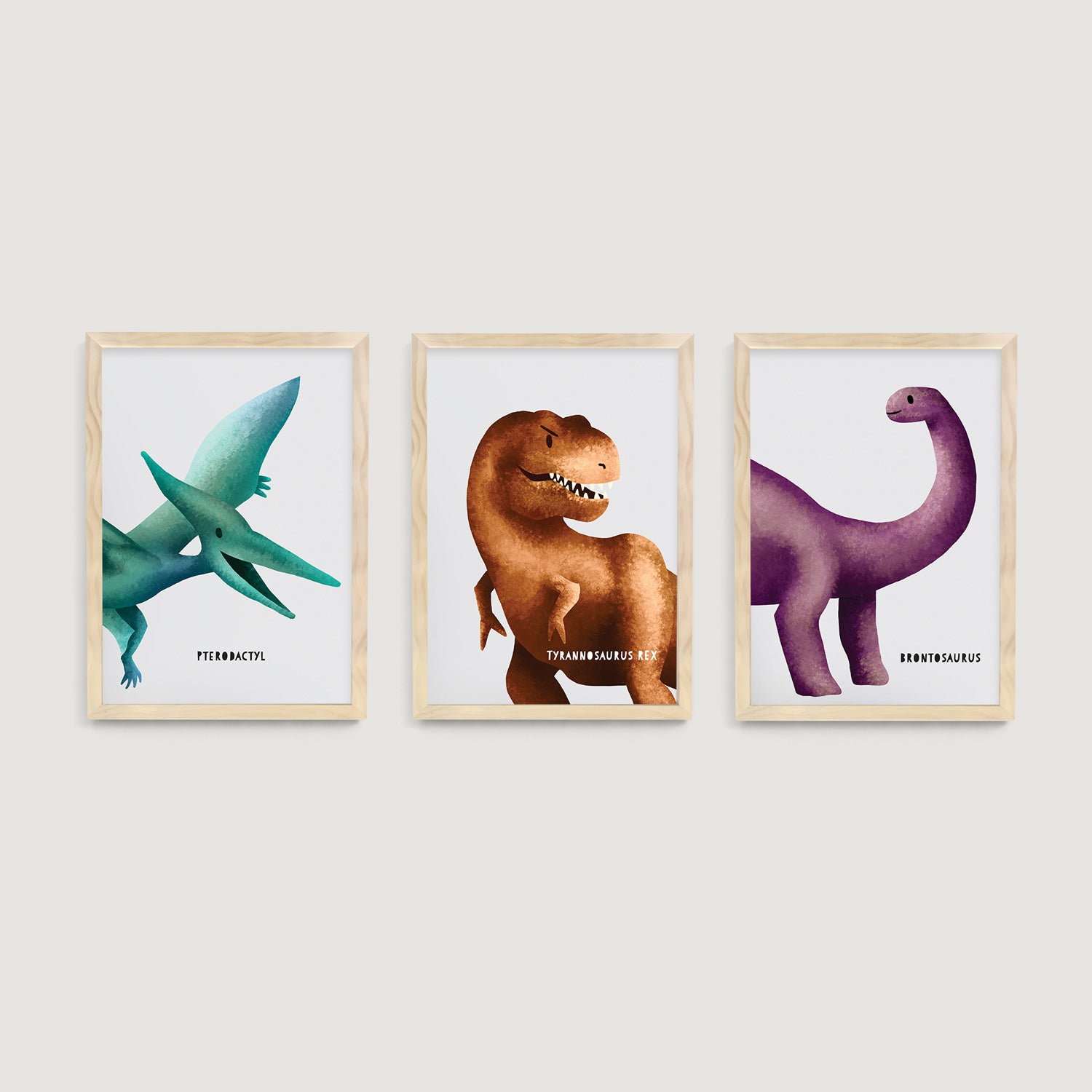 Three framed baby and kids wall art prints of brontosaurus, pterodactyl and tyrannosaurus dinosaurs  - Bluish Nest Art Studio