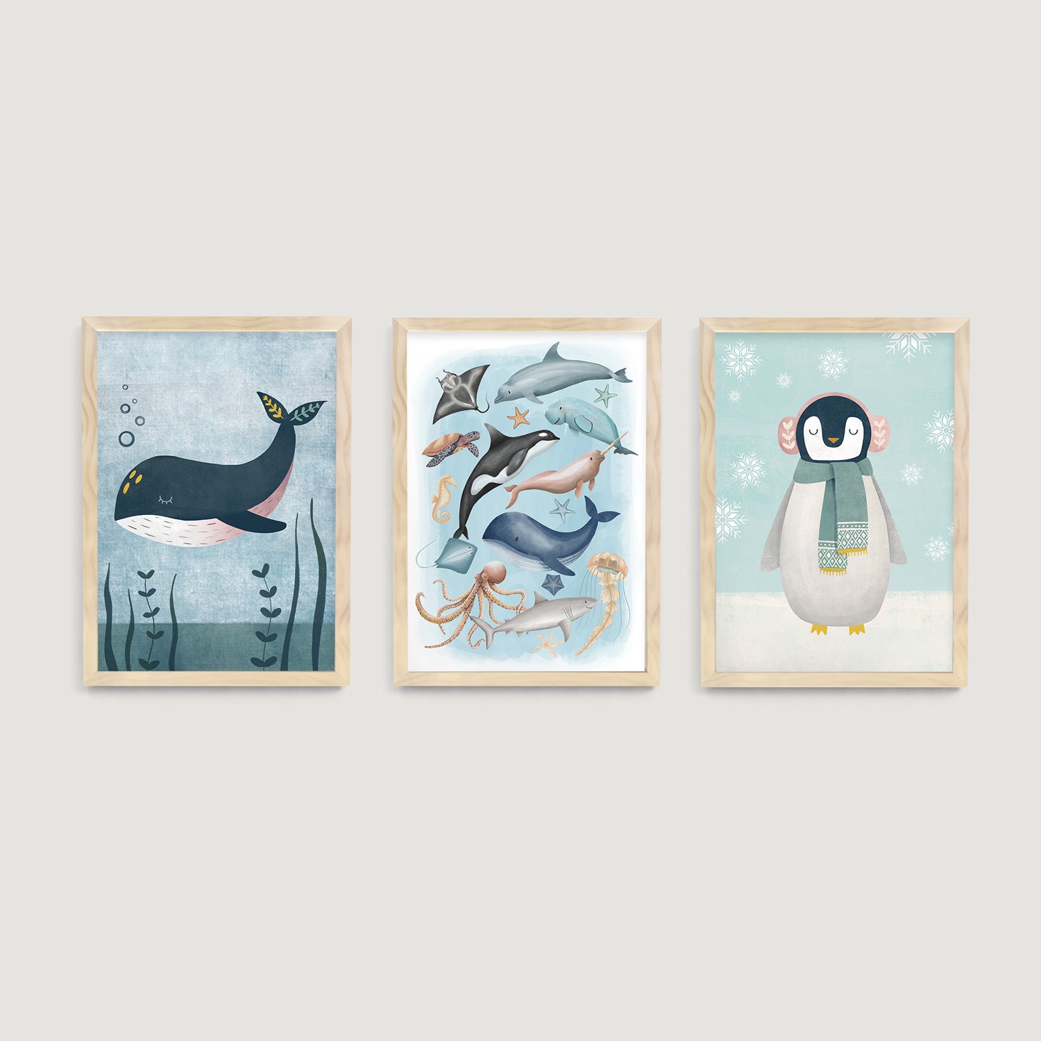 Set of three framed nursery and kids wall art prints of sea and ocean animals on a light gray background - Bluish Nest Art Studio