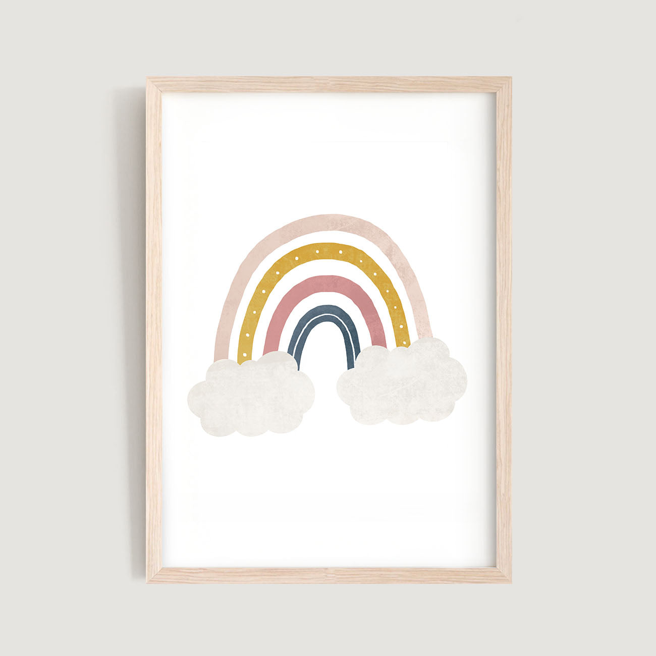Natural framed kids and baby wall art print of a rainbow and clouds on a white background - Bluish Nest Art Studio