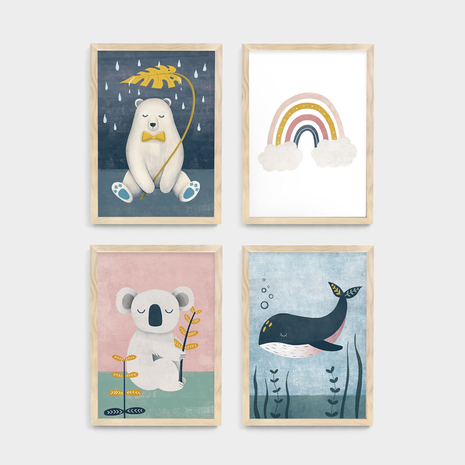 Four framed kids and nursery wall art prints of a bear, koala, and whale on a white background - Bluish Nest Art Studio
