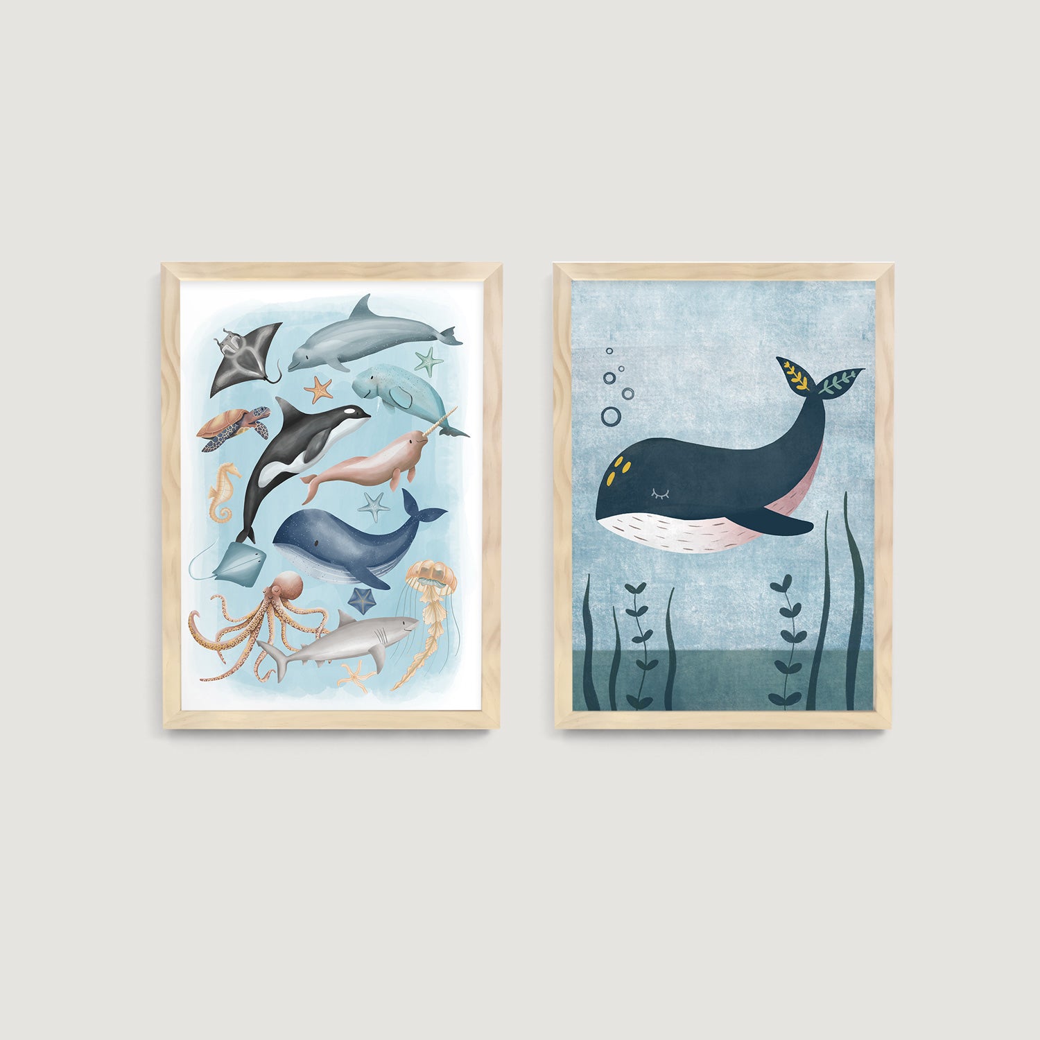 Two framed nursery and kids wall art prints of marine animals on a light gray wall - Bluish Nest Art Studio