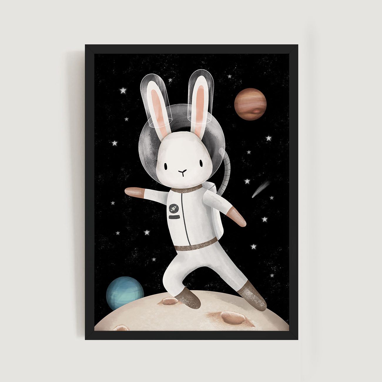 Framed kids and nursery art print of a rabbit astronaut on the moon with planets and stars in the background  - Bluish Nest Art Studio