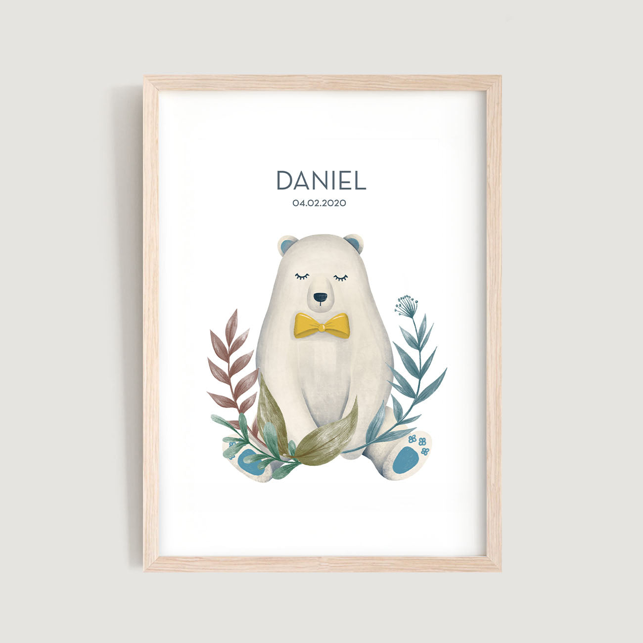 A framed personalised birth baby and kids wall art print of a polar bear and text in white background - Bluish Nest Art Studio