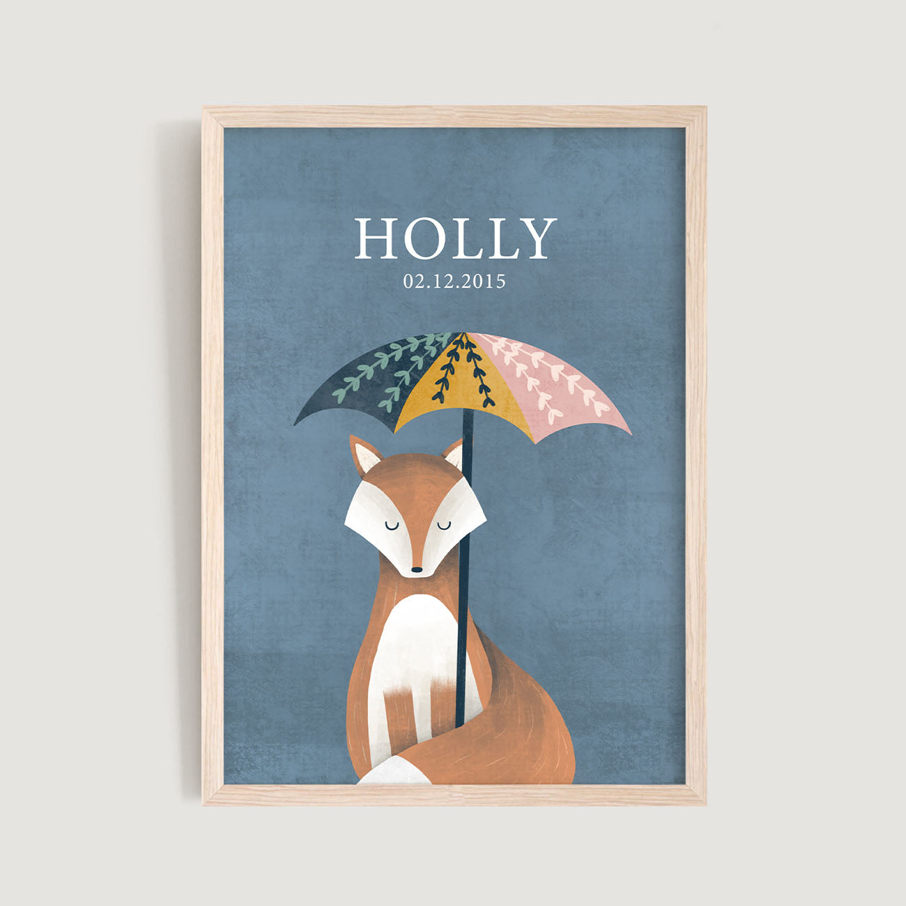 A framed personalised birth baby and kids wall art print of a fox with umbrella and text in blue background - Bluish Nest Art Studio