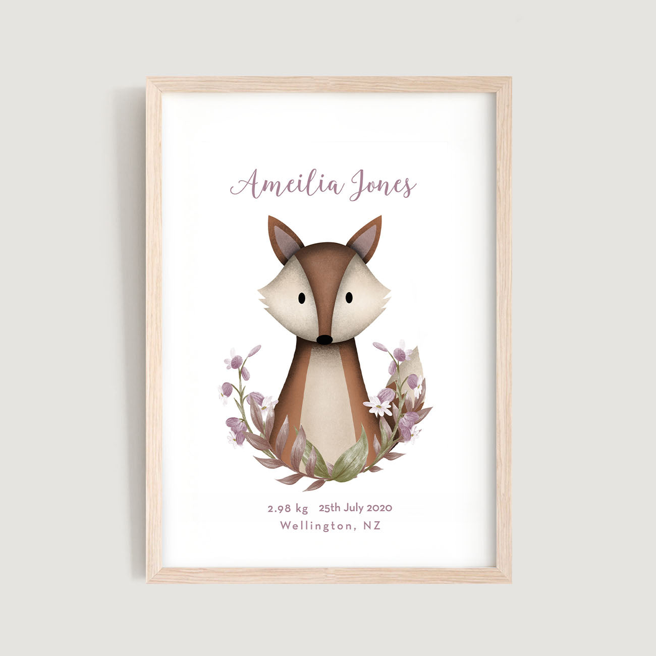 A framed personalised birth baby and kids wall art print of a woodland fox with floral wreath and text in white background - Bluish Nest Art Studio