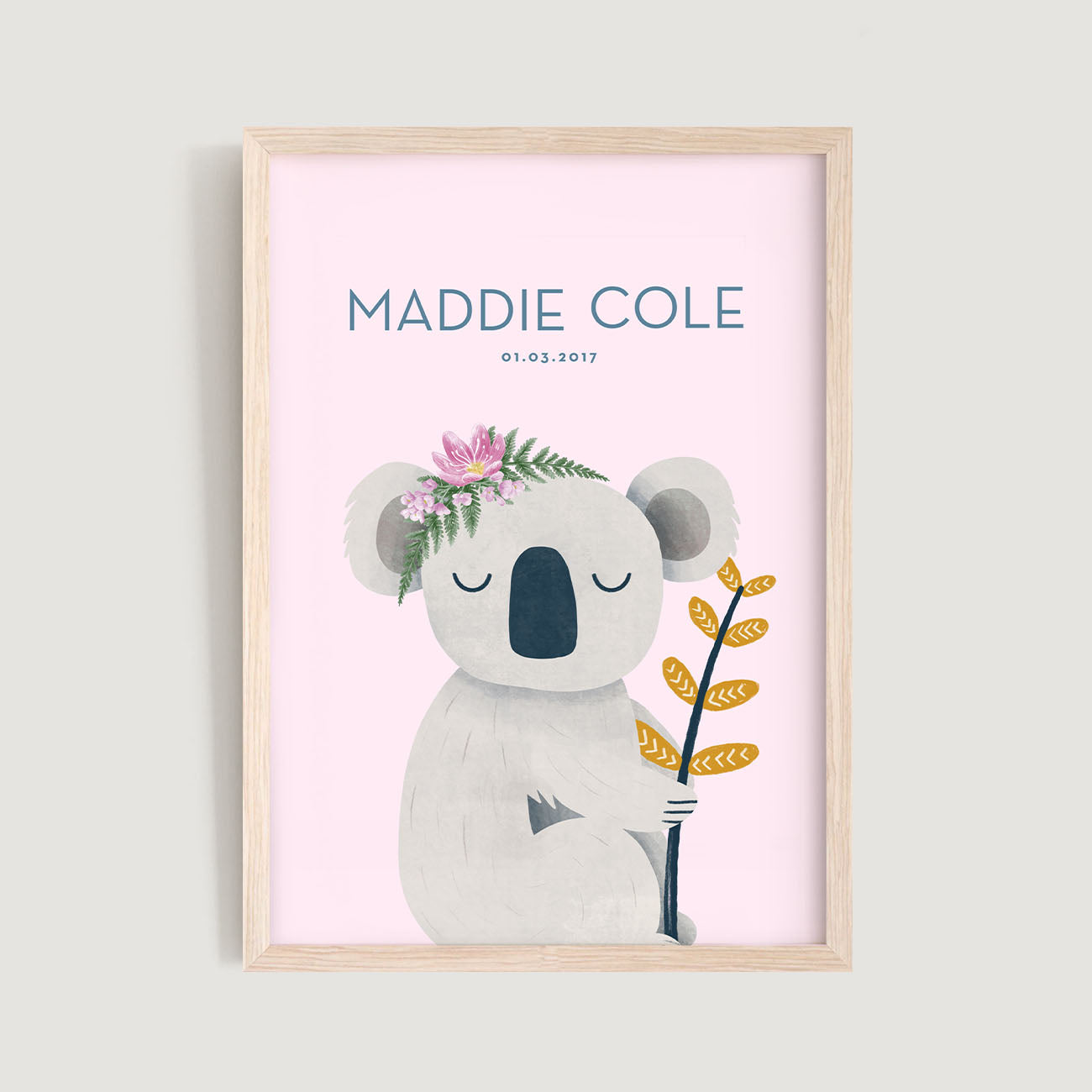 Whimsical Koala Pink Personalised Nursery Birth Print