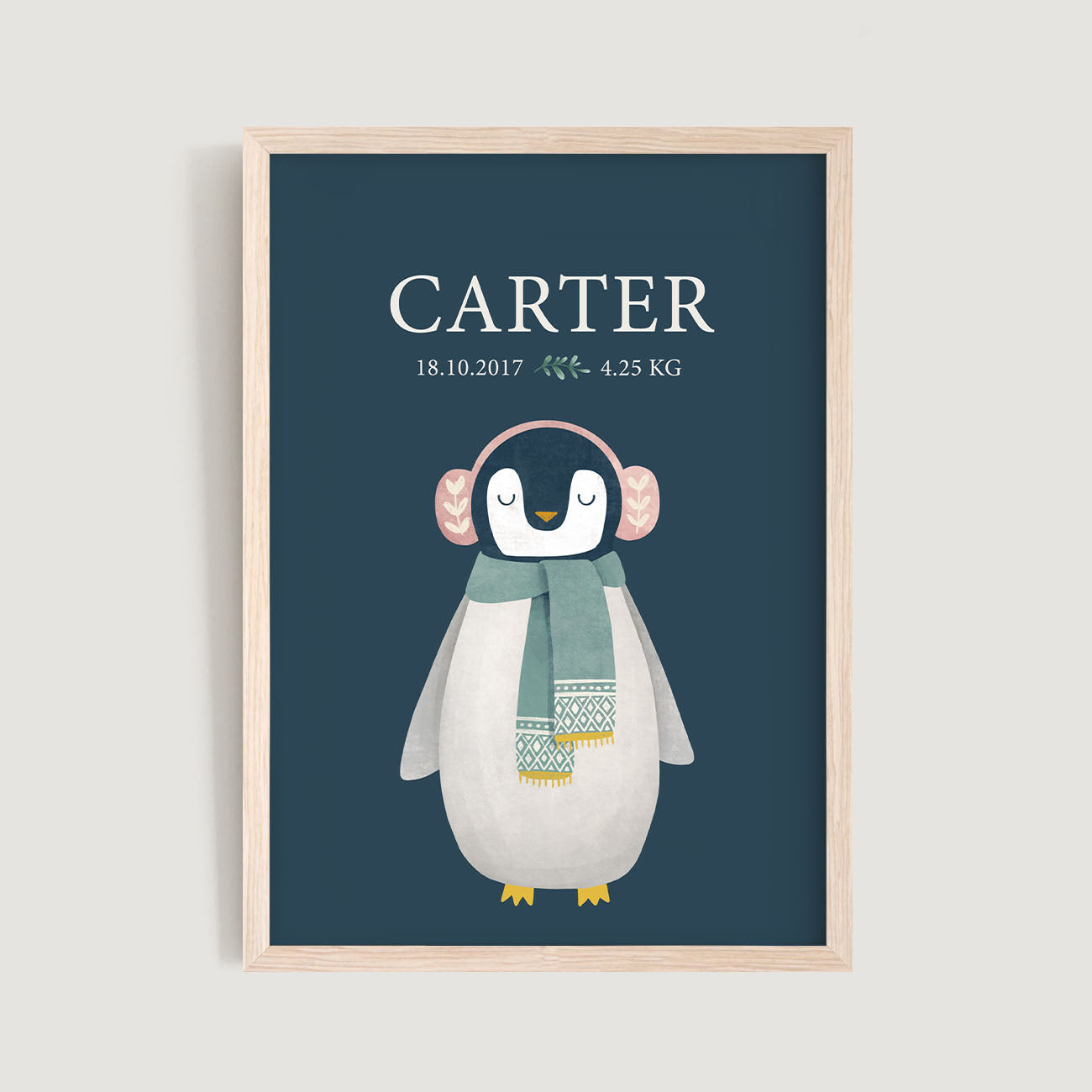 A framed personalised birth baby and kids wall art print of a penguin and text in dark blue background - Bluish Nest Art Studio