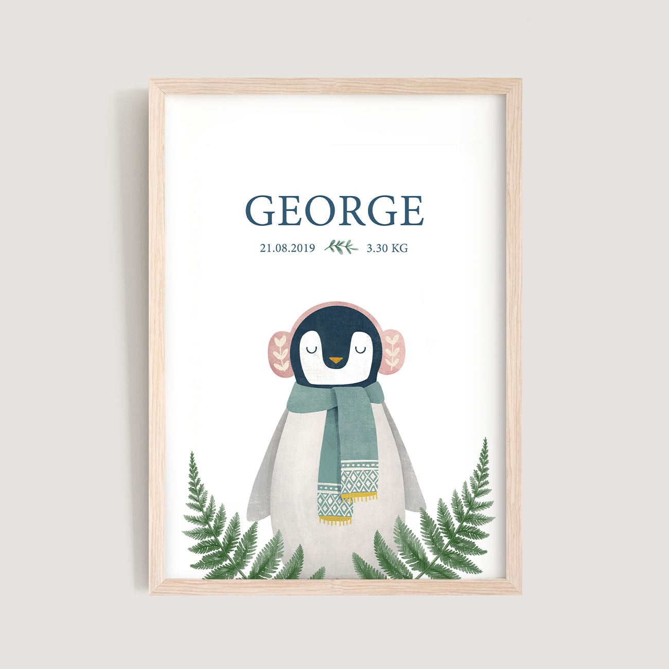 A framed personalised birth baby and kids wall art print of a penguin with leaves and text in pink background - Bluish Nest Art Studio