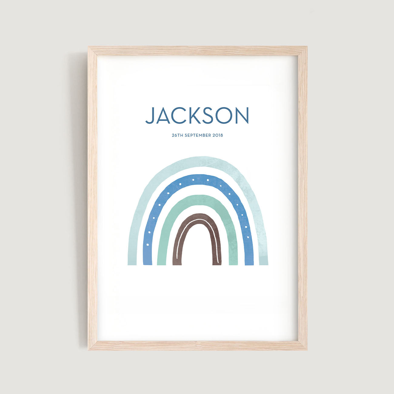 A framed personalised birth baby and kids wall art print of a blue rainbow and text in white background - Bluish Nest Art Studio