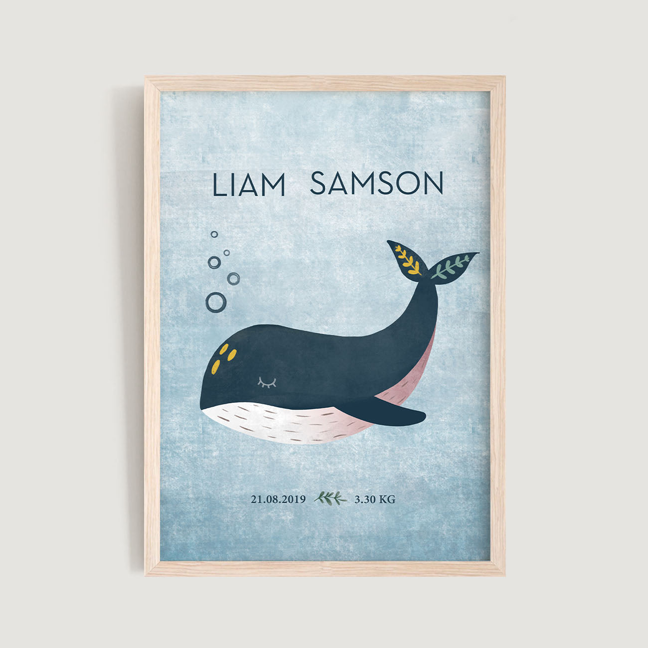 A framed personalised birth baby and kids wall art print of a whale and text in blue background - Bluish Nest Art Studio