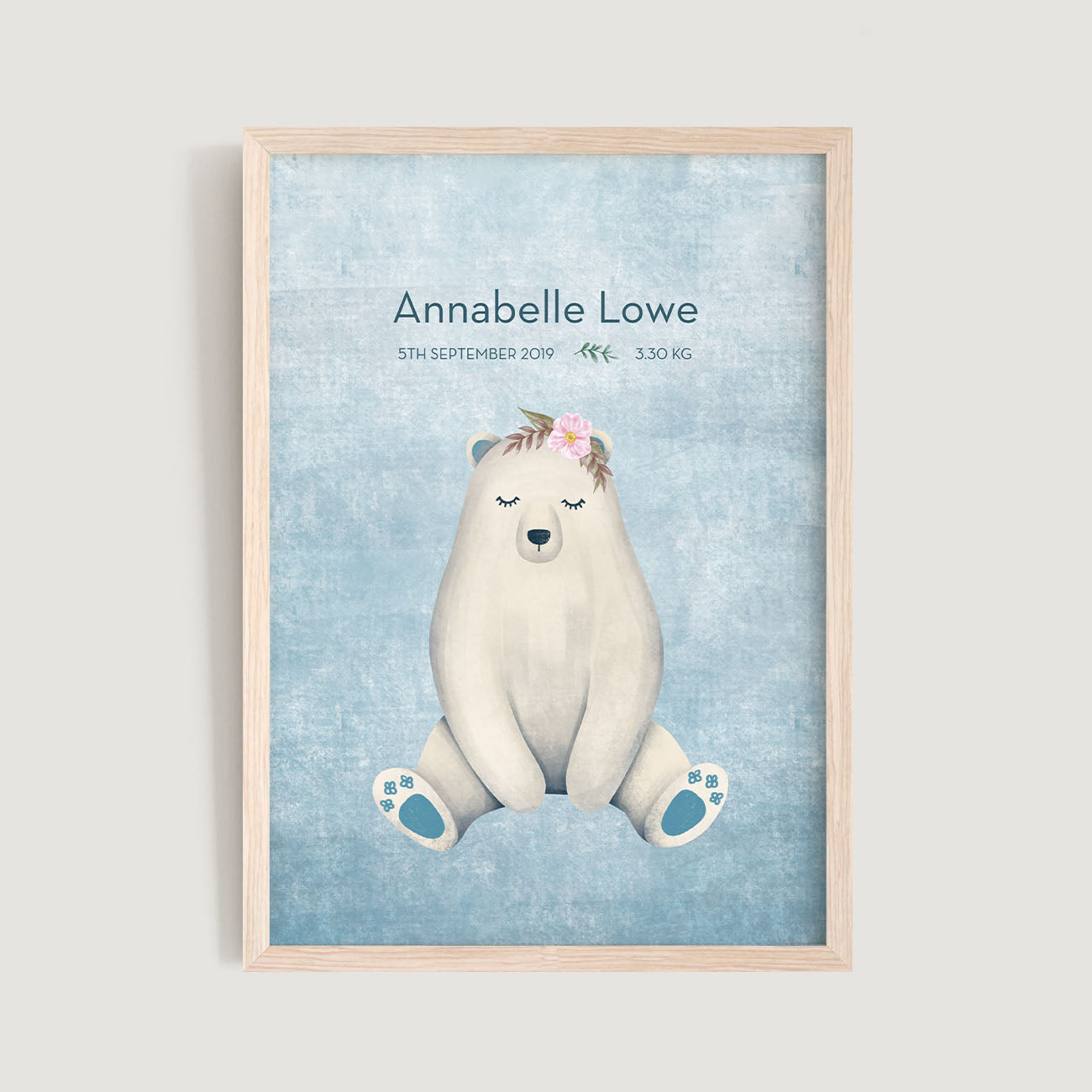 A framed personalised birth baby and kids wall art print of a polar bear and text in blue background - Bluish Nest Art Studio