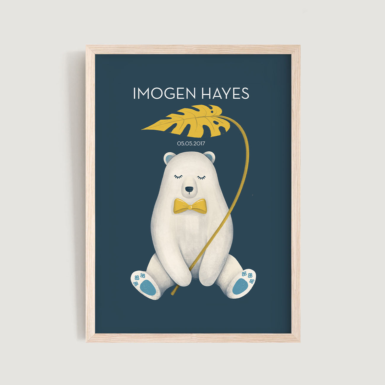 A framed personalised birth baby and kids wall art print of a polar bear holding plant umbrella and text in blue background - Bluish Nest Art Studio