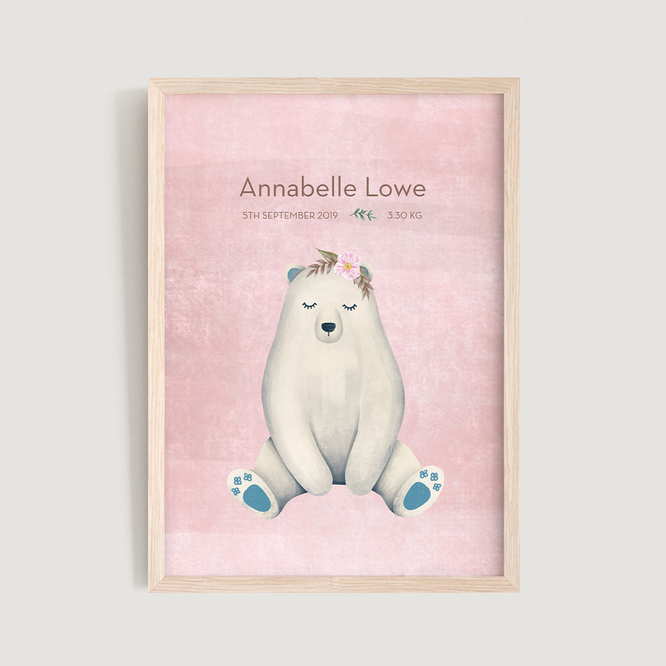 A framed personalised birth baby and kids wall art print of a polar bear and text in pink background - Bluish Nest Art Studio