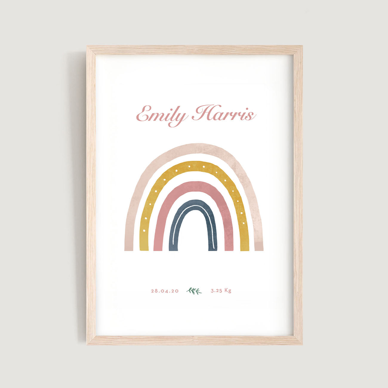 A framed personalised birth baby and kids wall art print of a rainbow and text in white background - Bluish Nest Art Studio