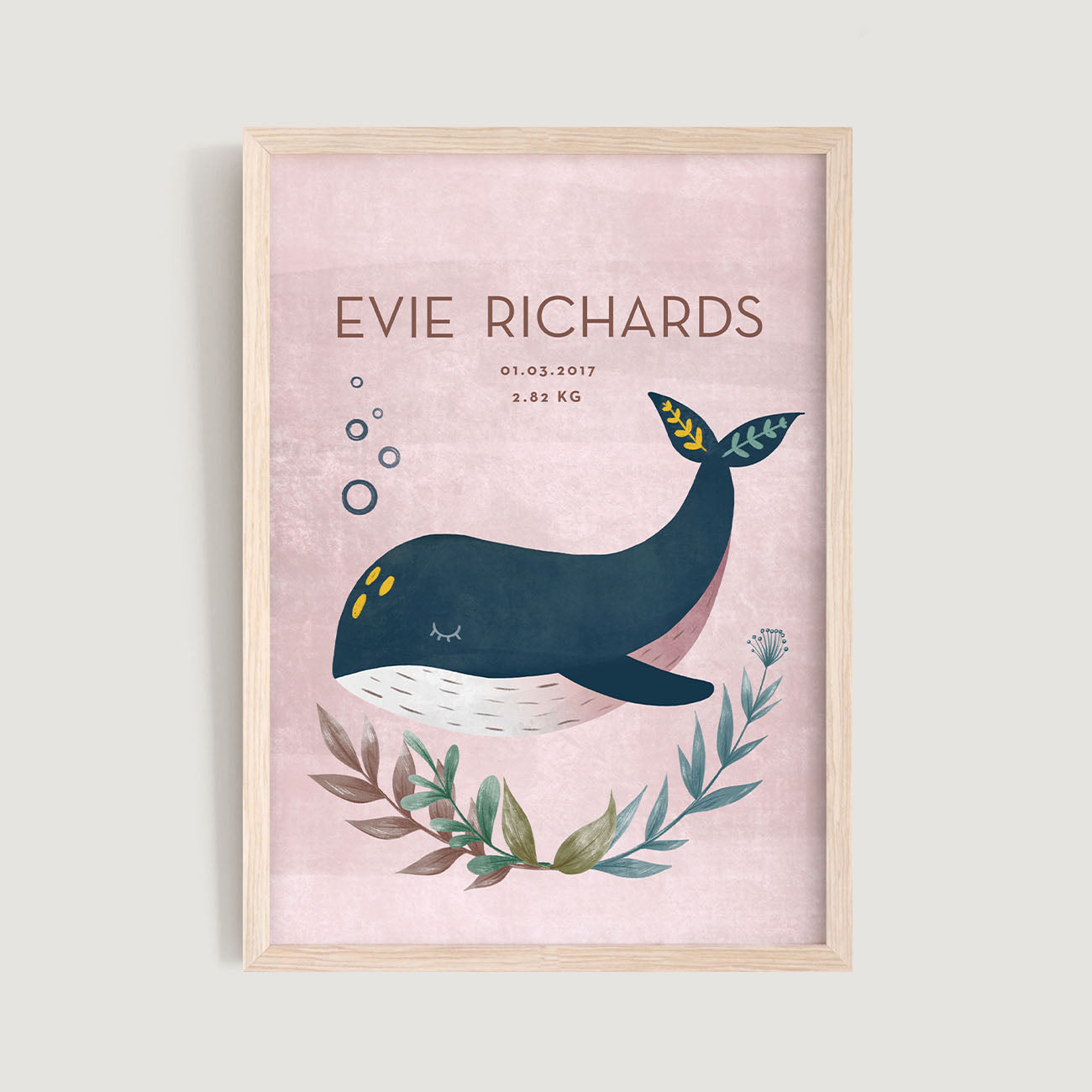 A framed personalised birth baby and kids wall art print of a whale and text in pink background - Bluish Nest Art Studio