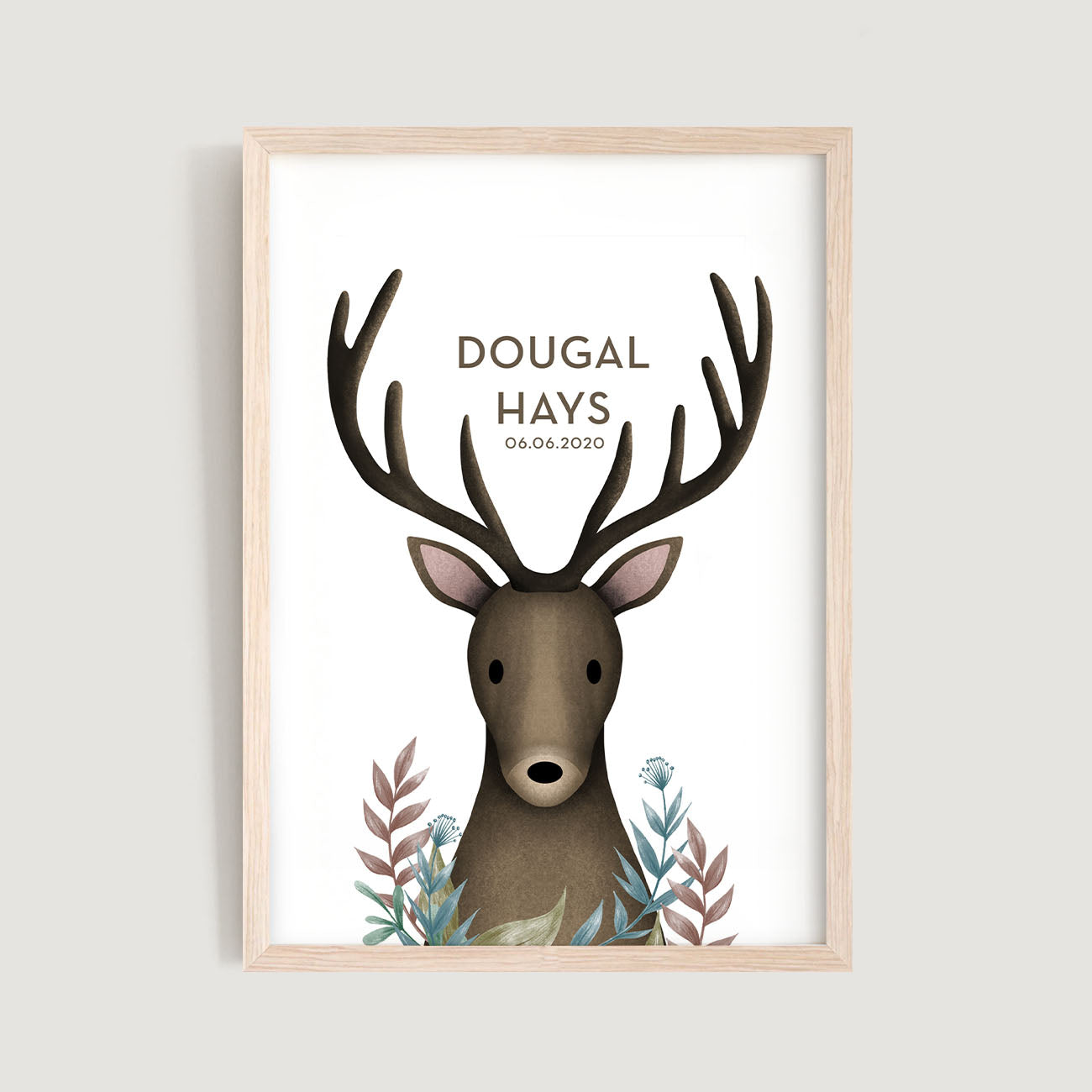 A framed personalised birth baby and kids wall art print of a woodland stag and text in white background - Bluish Nest Art Studio