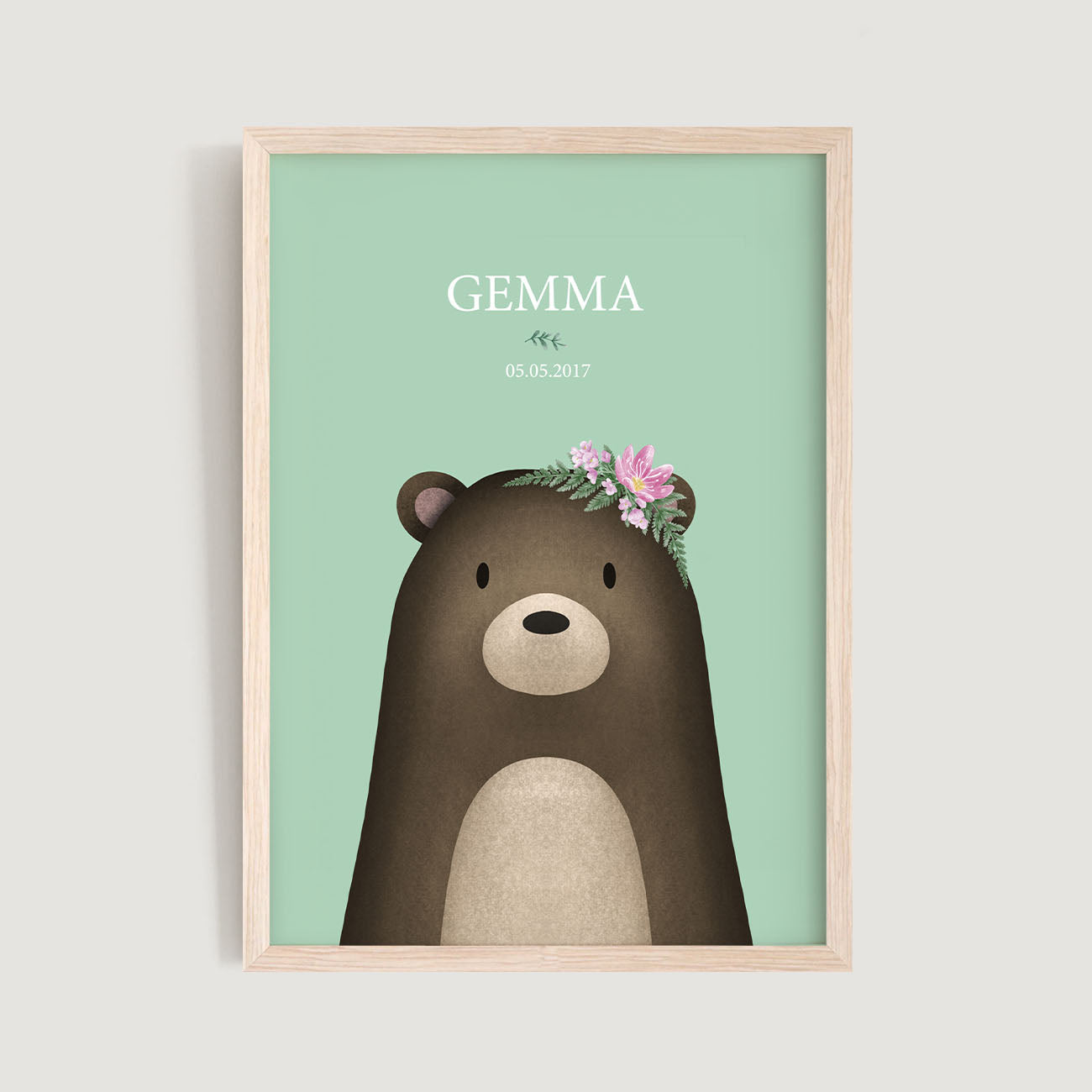 Woodland Bear Mint Personalised Nursery Birth Print