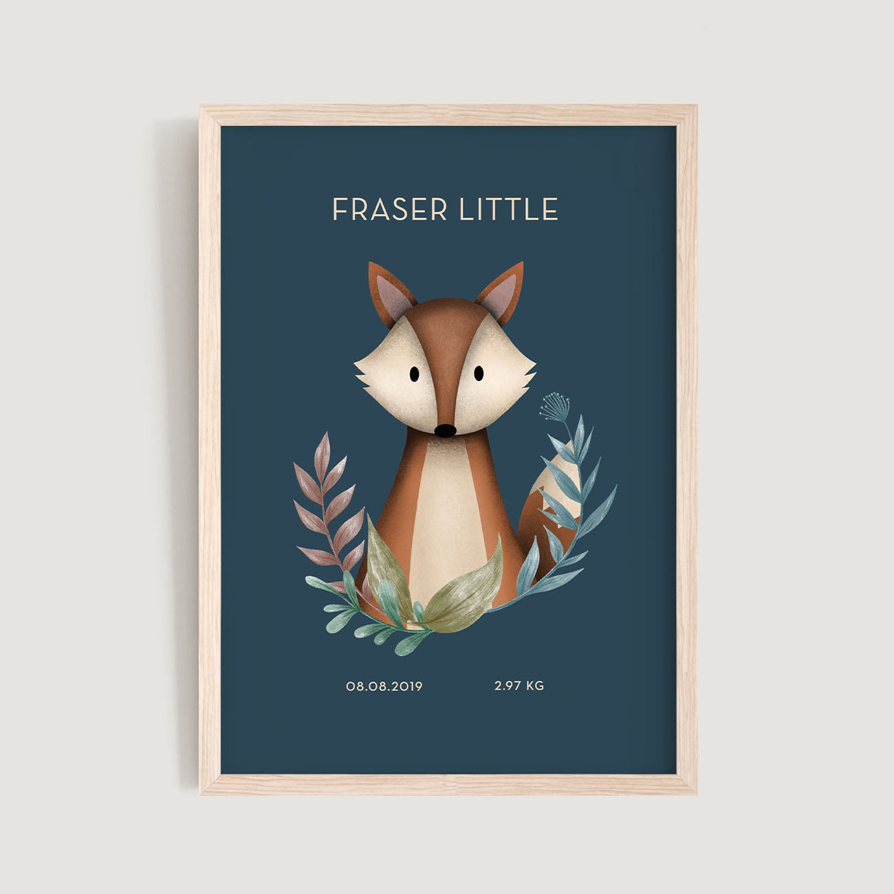 A framed personalised birth baby and kids wall art print of a woodland fox witjh leaves and text in blue background - Bluish Nest Art Studio