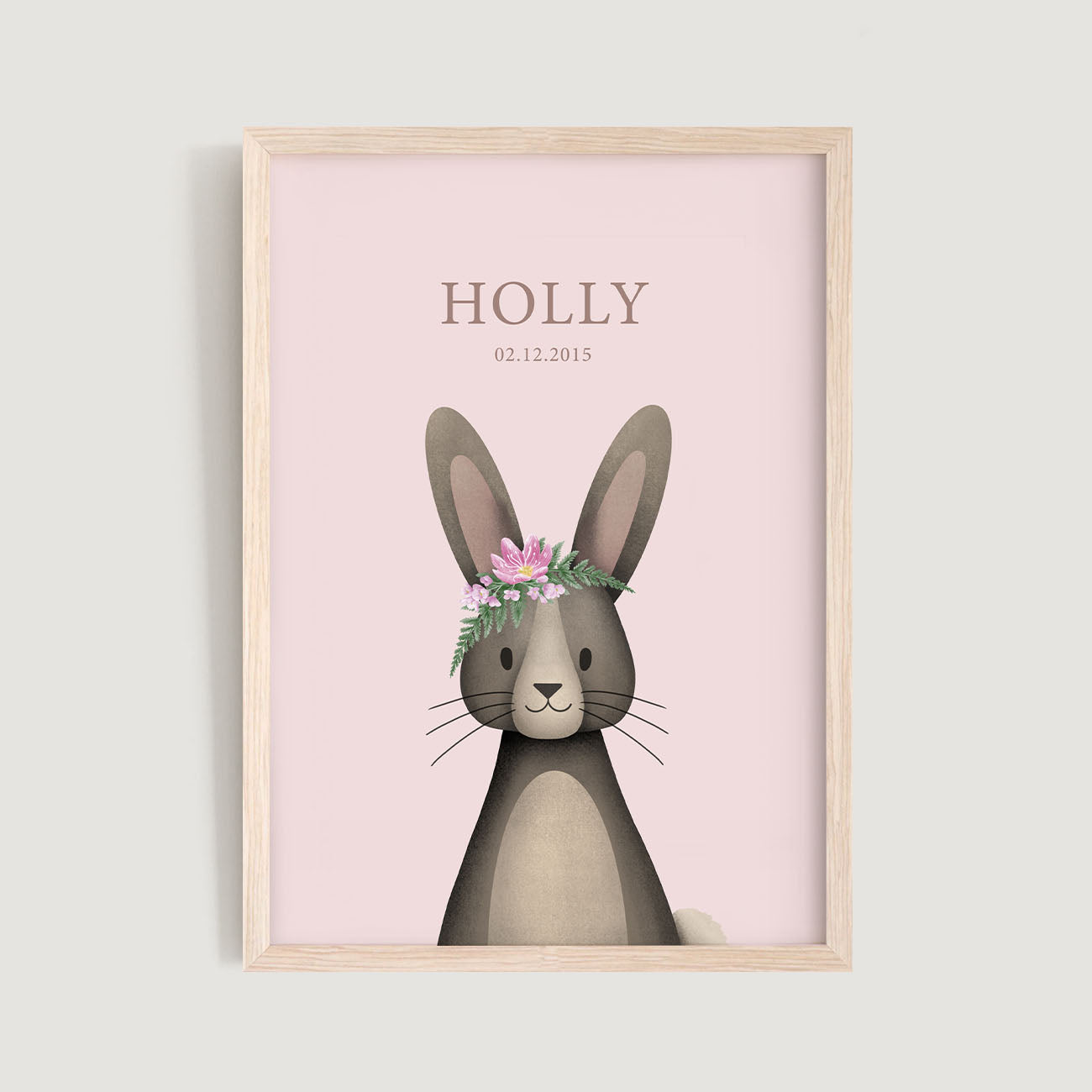 A framed personalised birth baby and kids wall art print of a woodland rabbit bunny and text in pink background - Bluish Nest Art Studio
