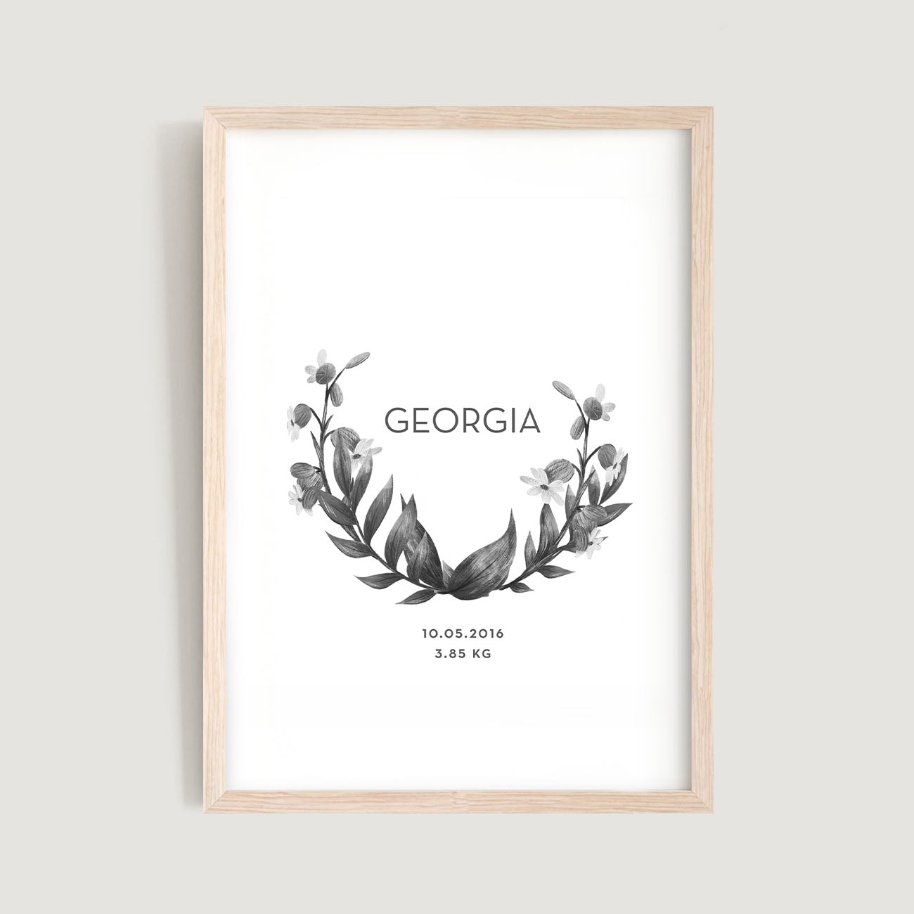 A framed personalised birth baby and kids wall art print of floral wreath and text in white background - Bluish Nest Art Studio