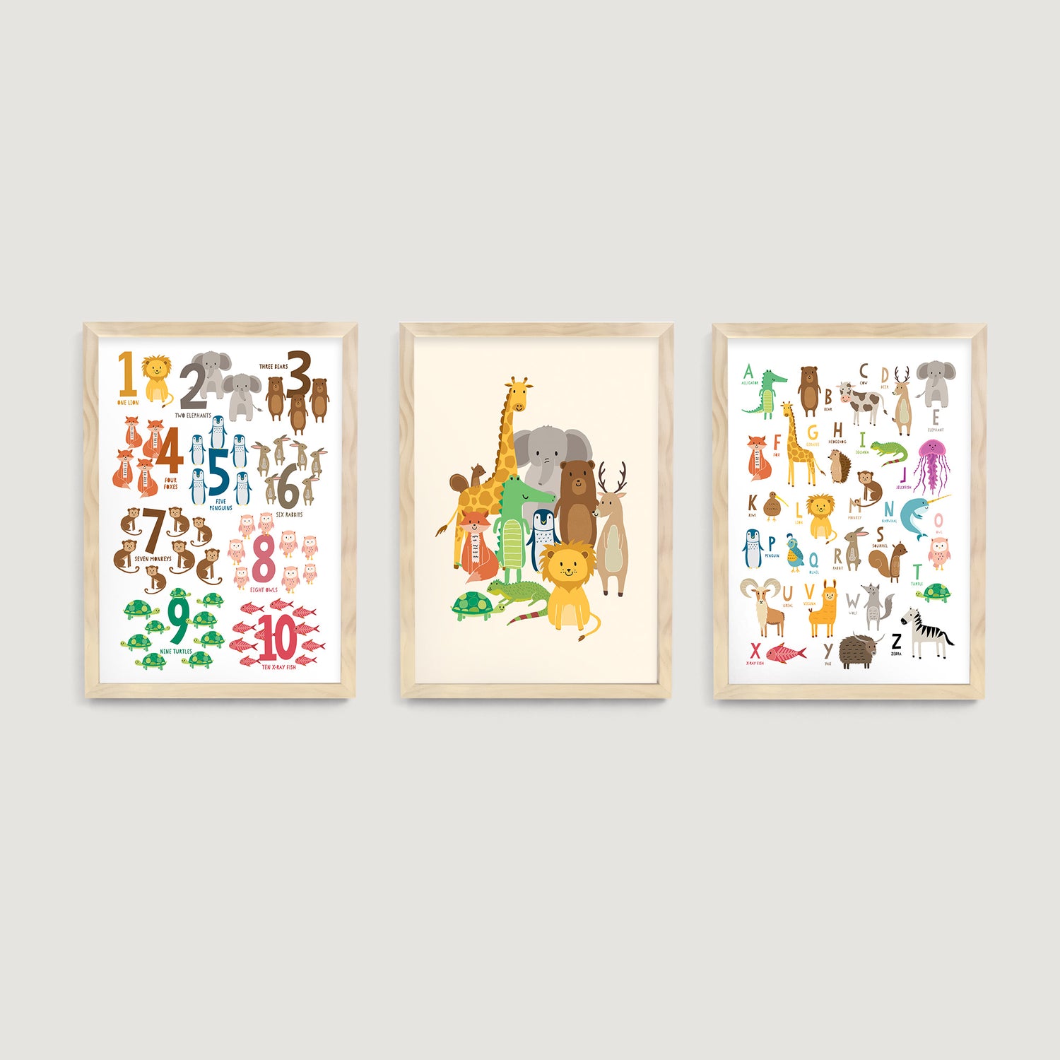 Three framed kids and baby wall art prints of animals and numbers - Bluish Nest Art Studio