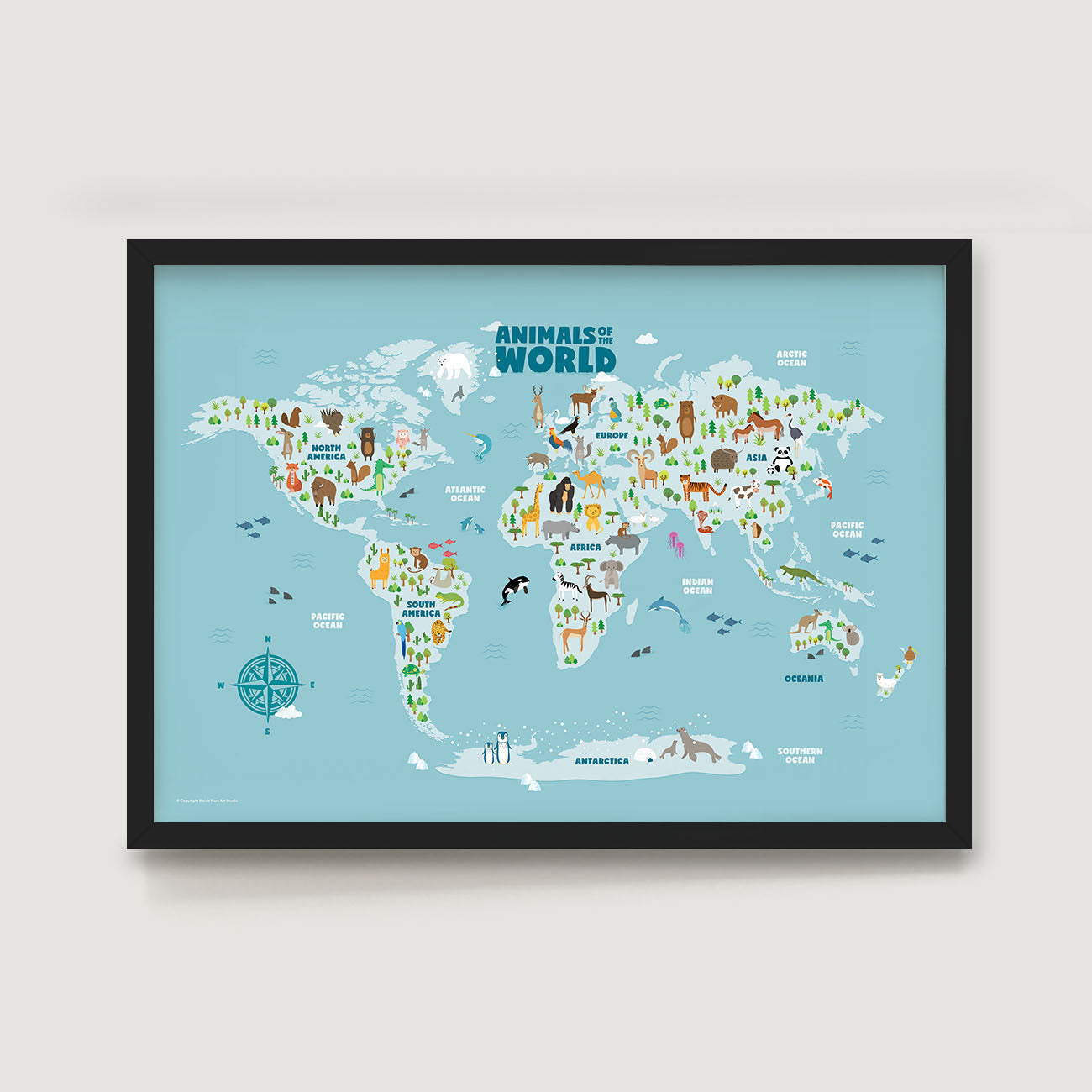World map nursery and kids wall art print with animals on a light blue background, framed in black - Bluish Nest Art Studio
