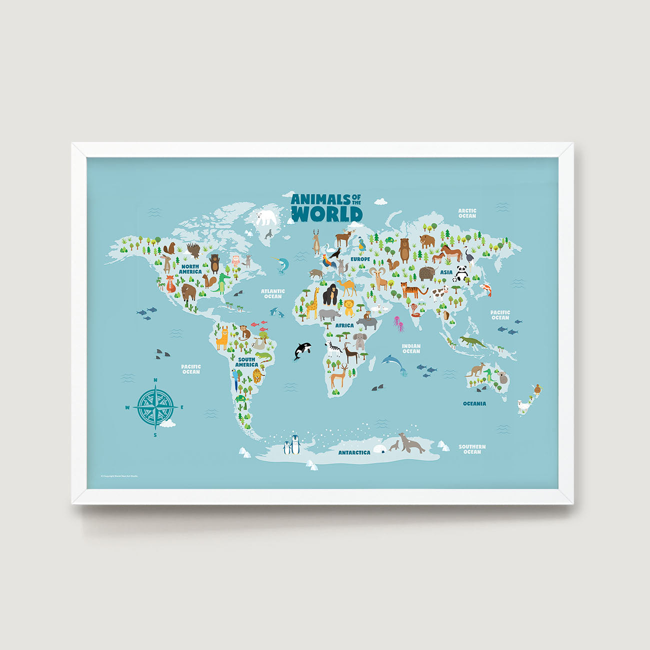 World map kids wall art print with animal illustrations on a light blue background - Bluish Nest Art Studio