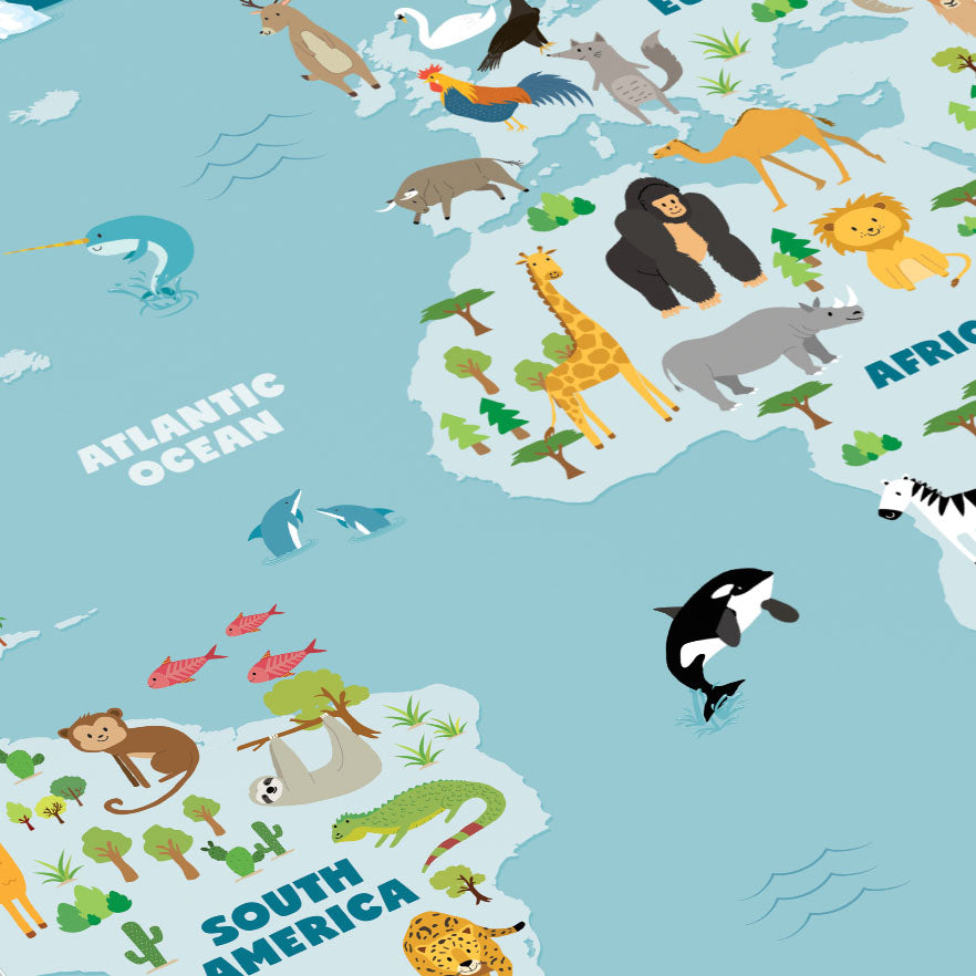 Close up detail of Animal Map of the World art print with animal illustrations on a light blue background - Bluish Nest Art Studio