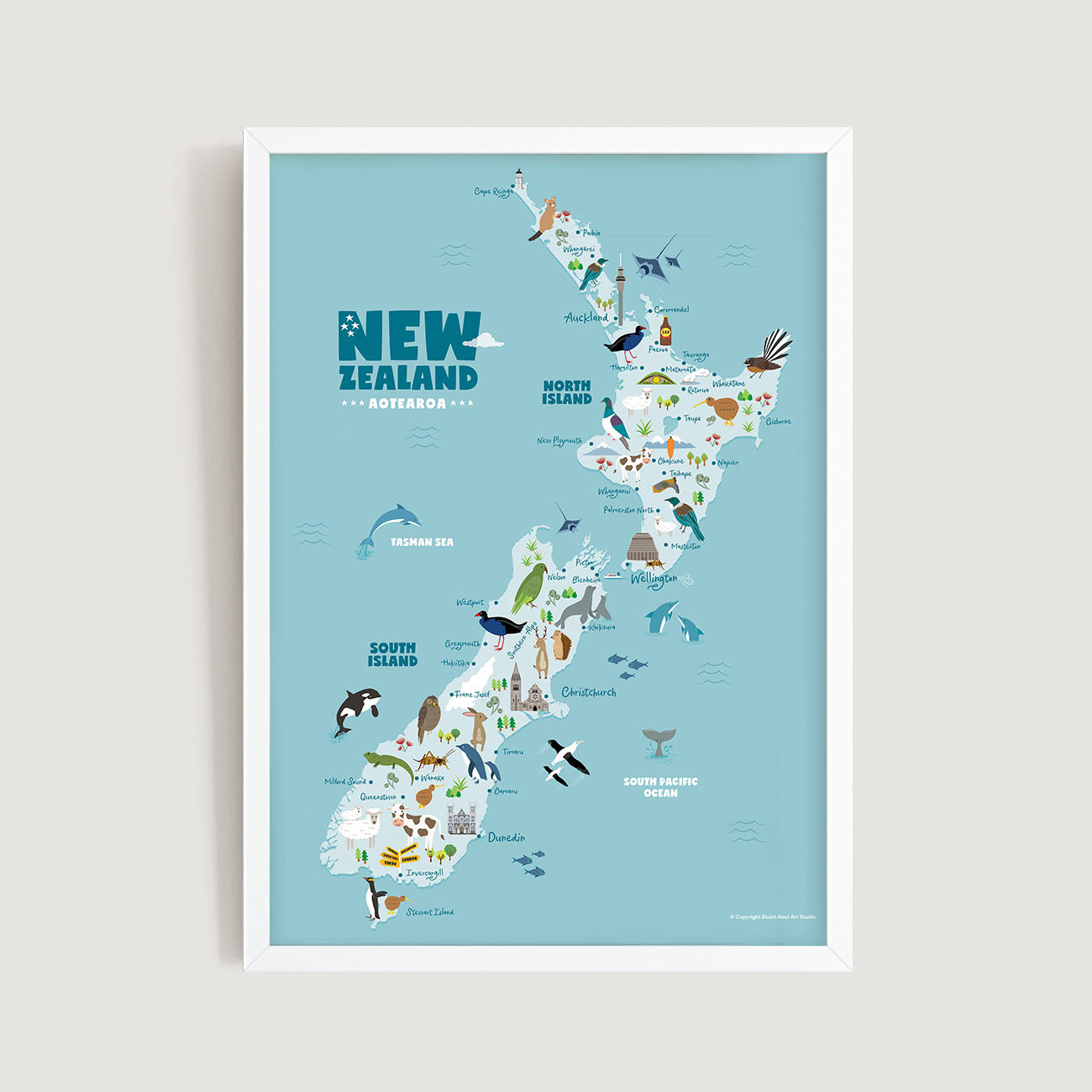 Map of New Zealand with various icons and animals on a light blue background - Bluish Nest Art Studio
