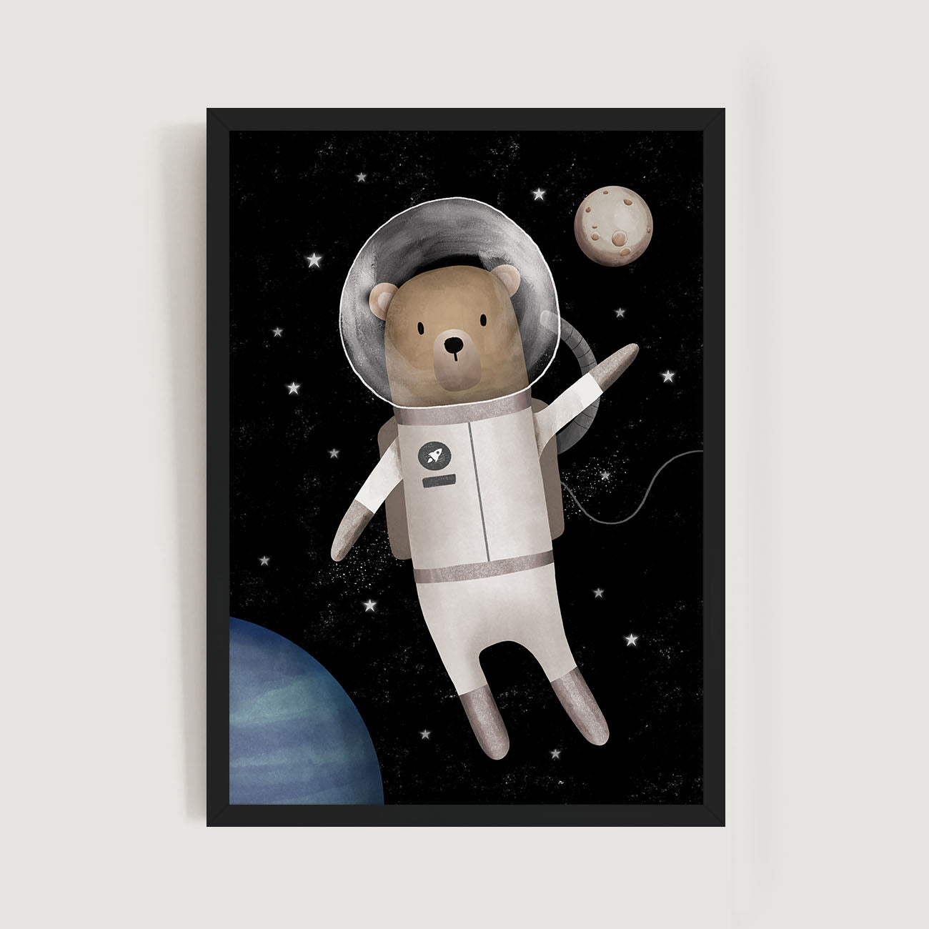 Framed baby and kids wall art print of a bear wearing space suit with planets in background - Bluish Nest Art Studio