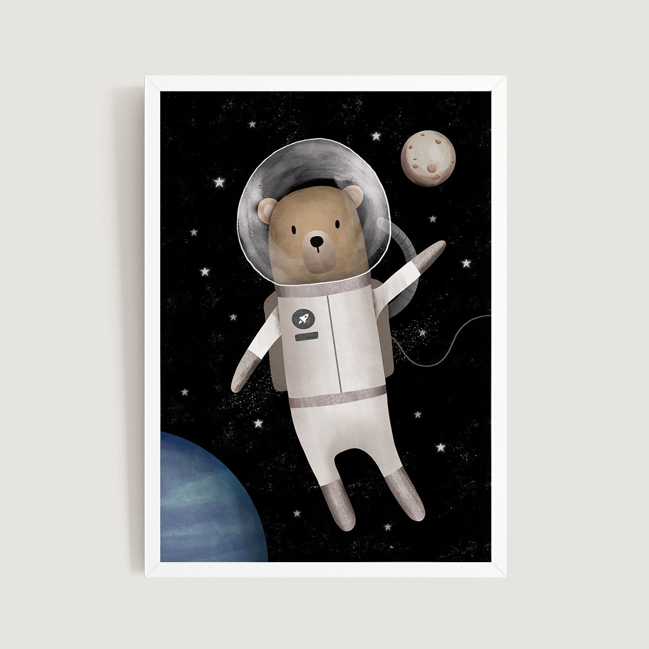 Framed baby and kids wall art print of a bear wearing space suit with planets in background - Bluish Nest Art Studio