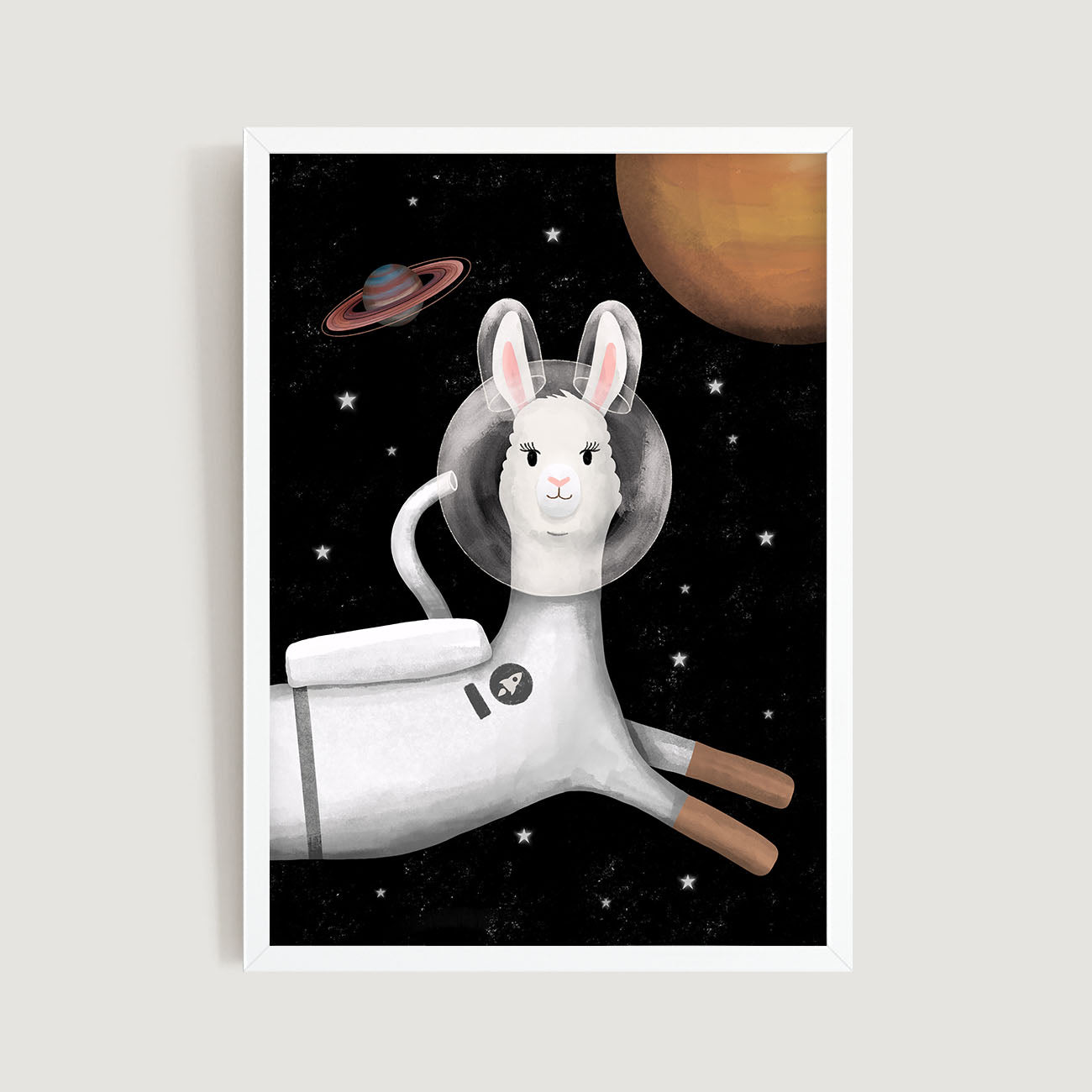 Framed kids and nursery art print of a Llama astronaut on the moon with planets and stars in the background  - Bluish Nest Art Studio