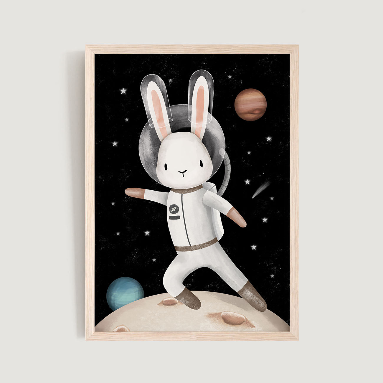 Framed kids and nursery art print of a rabbit astronaut on the moon with planets and stars in the background  - Bluish Nest Art Studio
