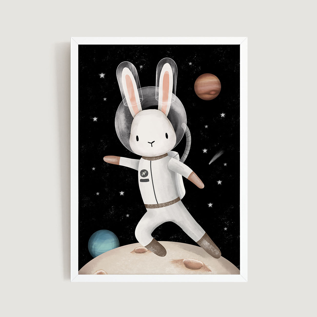 Framed kids and nursery art print of a rabbit astronaut on the moon with planets and stars in the background  - Bluish Nest Art Studio