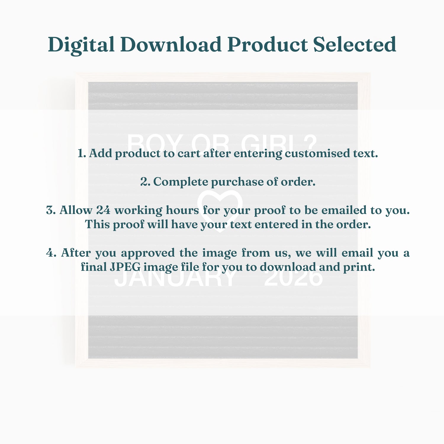 Digital download product selection screen with text instructions on how to order digital files of nursery children art prints - Bluish Nest Art Studio