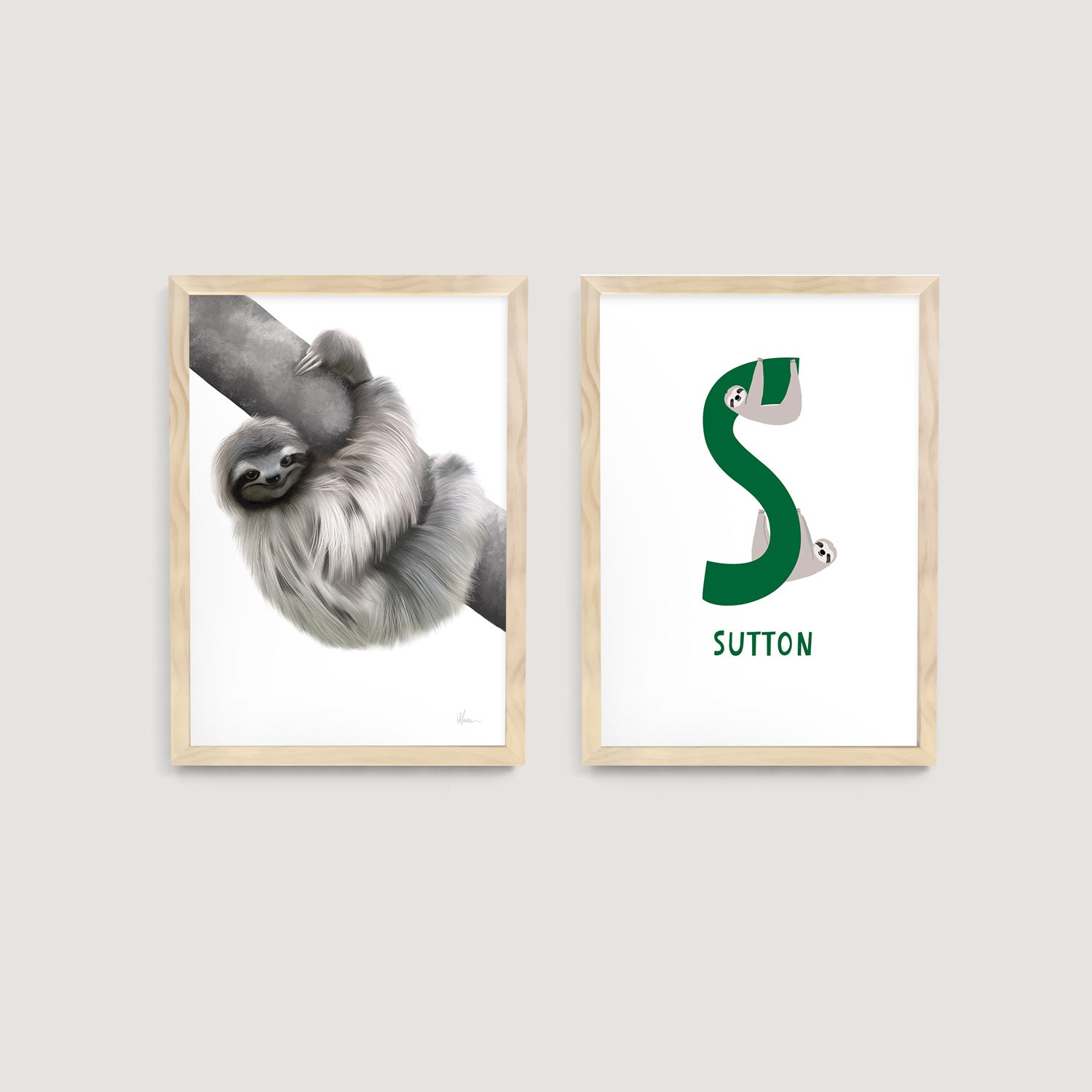 Personalised Name Letter and Sloth Nursery Prints 2 Set