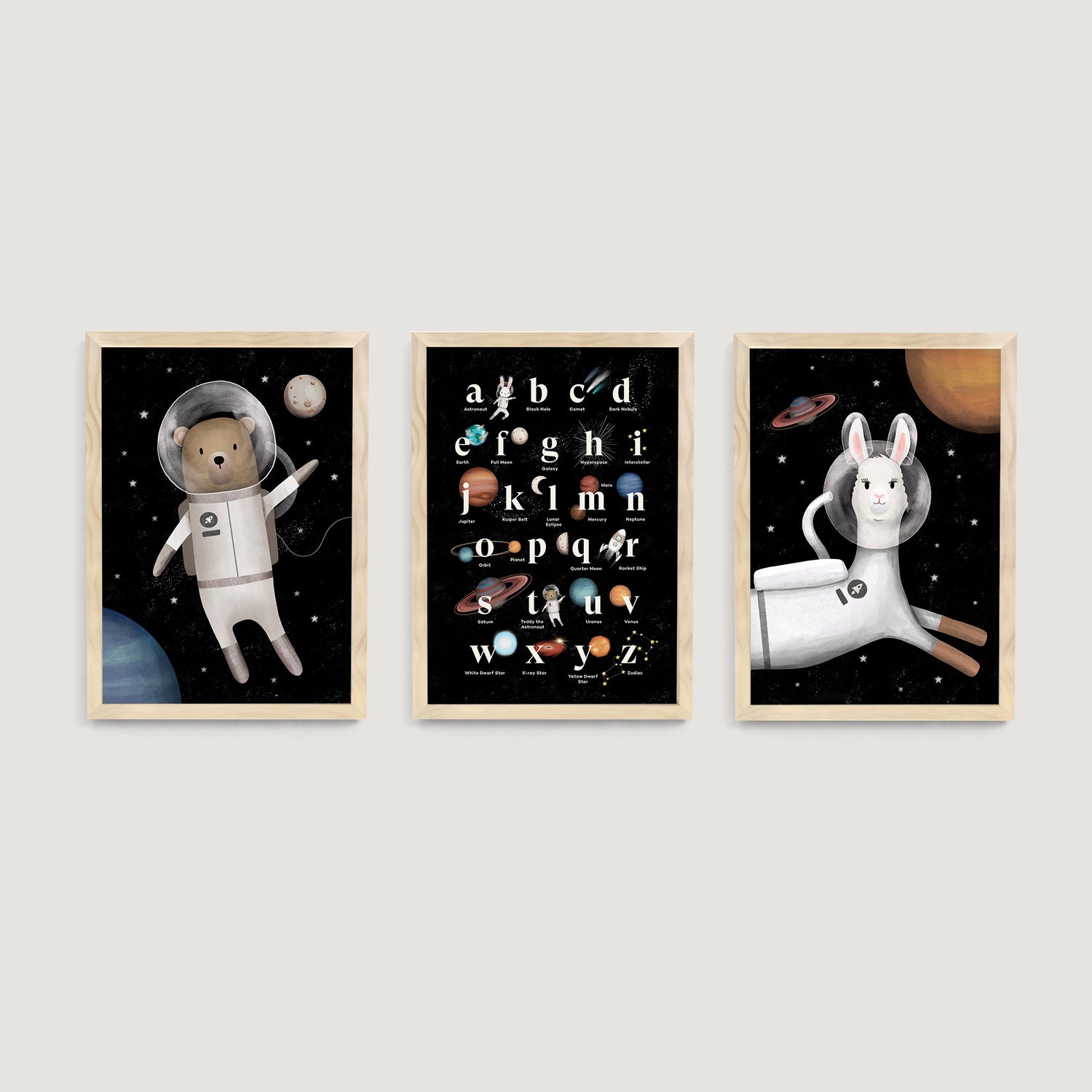 Space Alphabet Bear and Llama Nursery Prints 3 Set