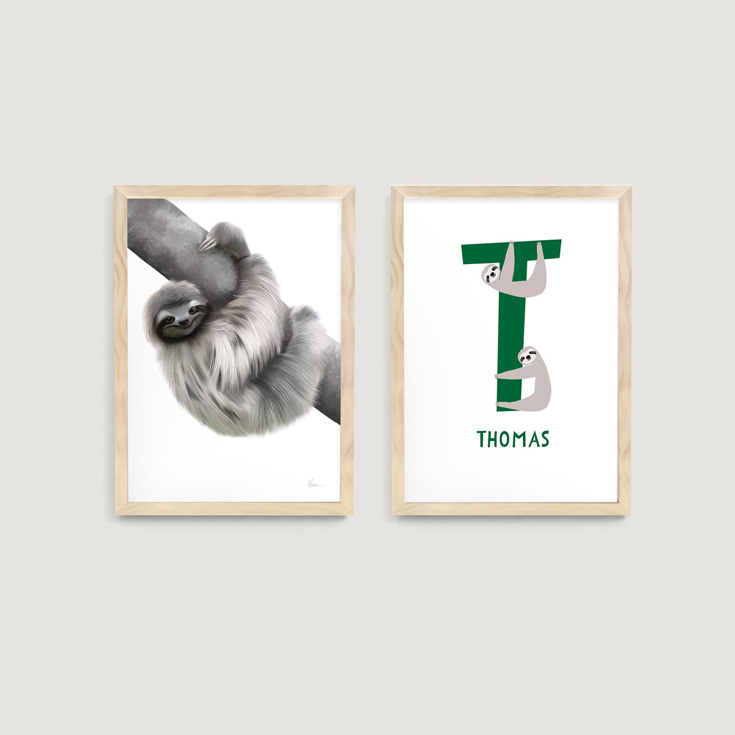 Nursery and kids framed two art prints set one with sloth and one personalised name letter in green - Bluish Nest Art Studio