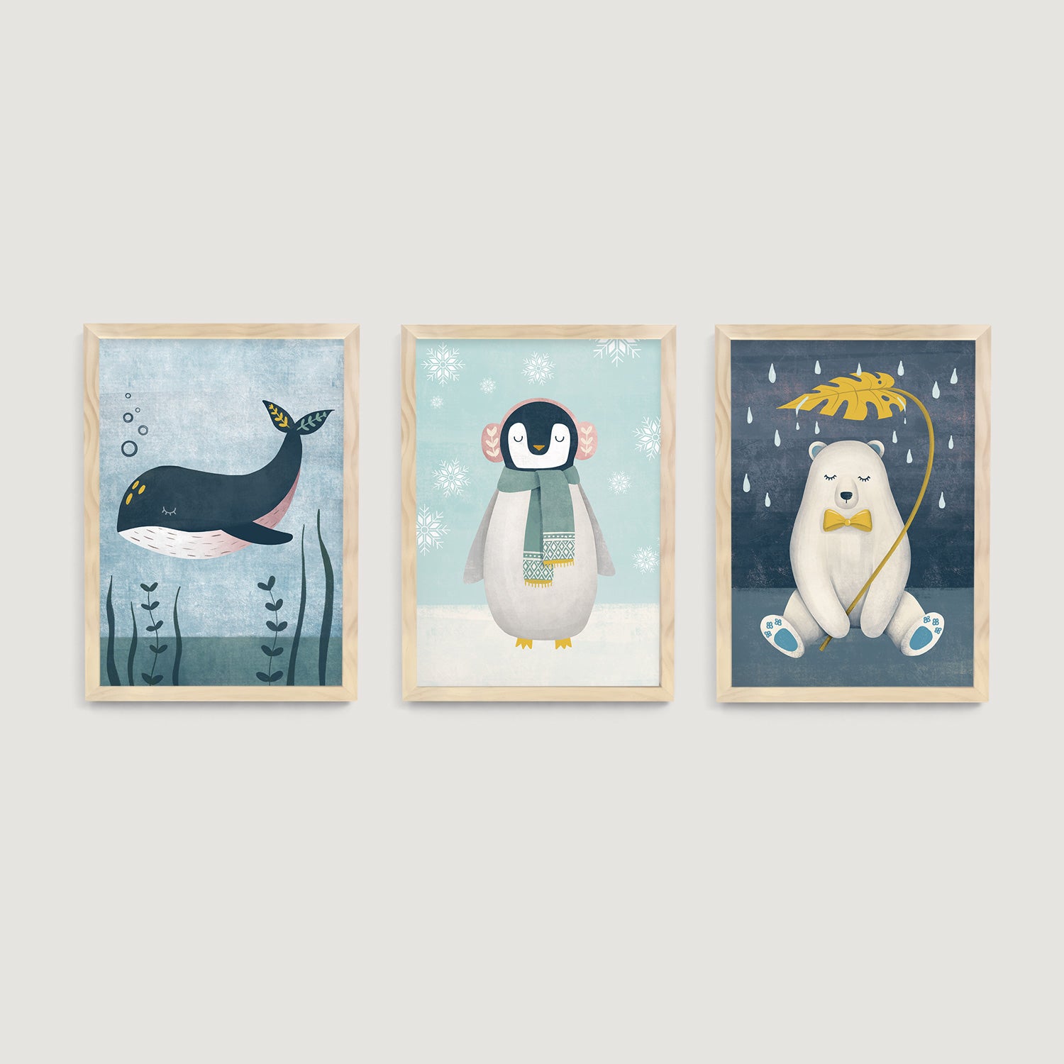 Whimsical Bear Penguin and Whale Blue Nursery Prints 3 Set