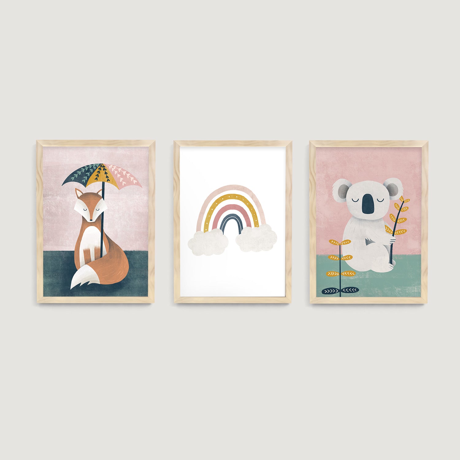 Whimsical Fox Koala and Rainbow Pink Nursery Prints 3 Set